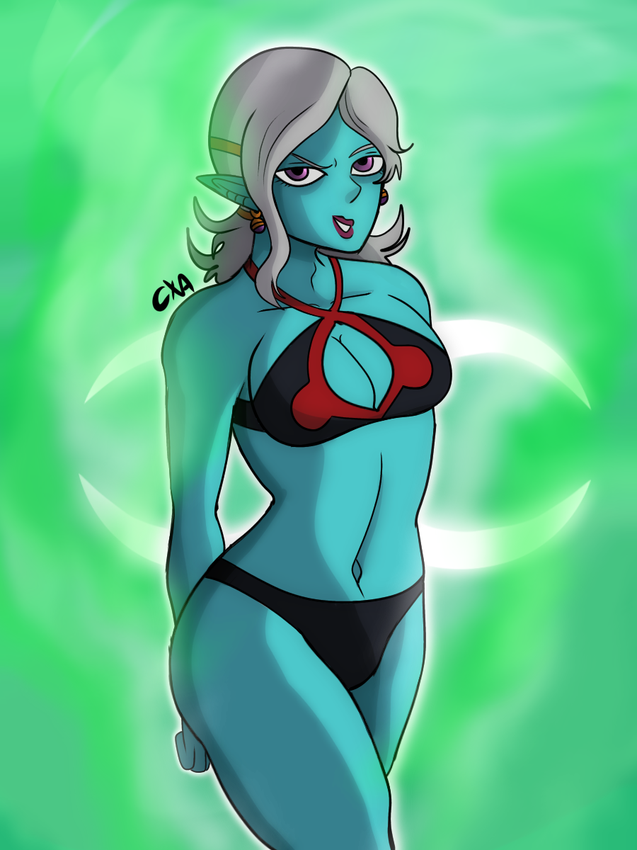 2d bikini blue-skinned_female blue_skin chromexorannex demon_girl dragon_ball dragon_ball_xenoverse ourobouro purple_eyes towa white_hair