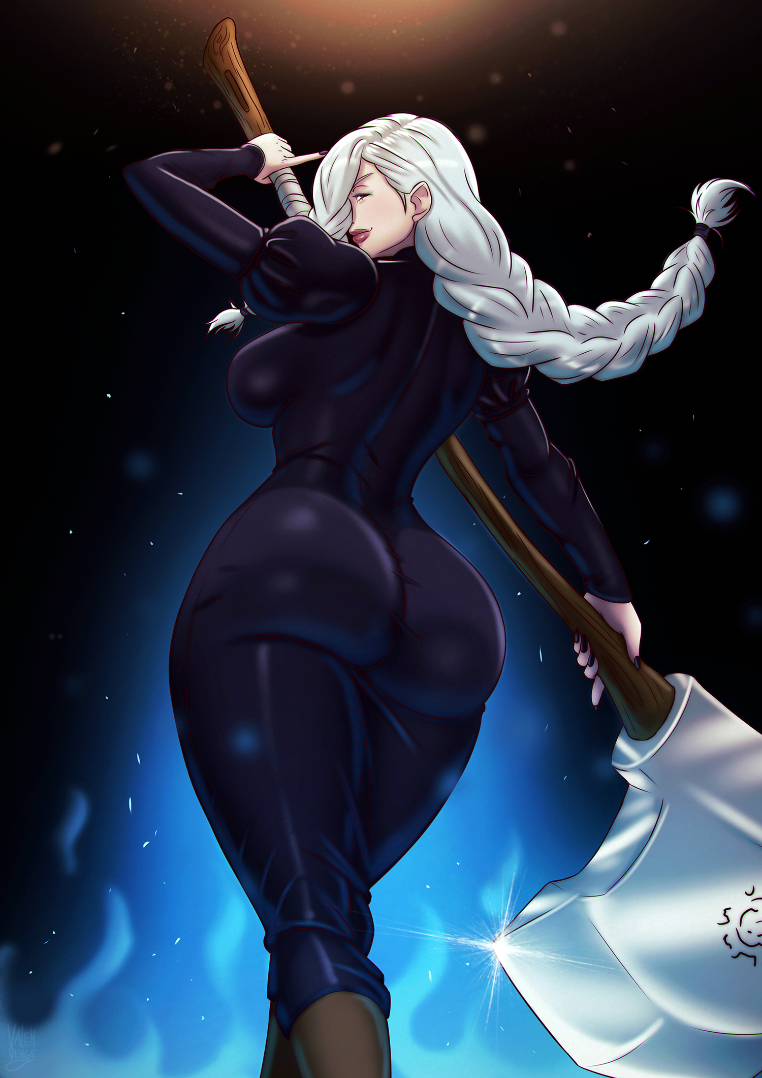 1girls, ass, axe, big ass, big breasts, boots, breasts, bubble butt, female, female only, jujutsu kaisen, mei mei (jujutsu kaisen), skin tight, solo, valenvenge, weapon, white hair