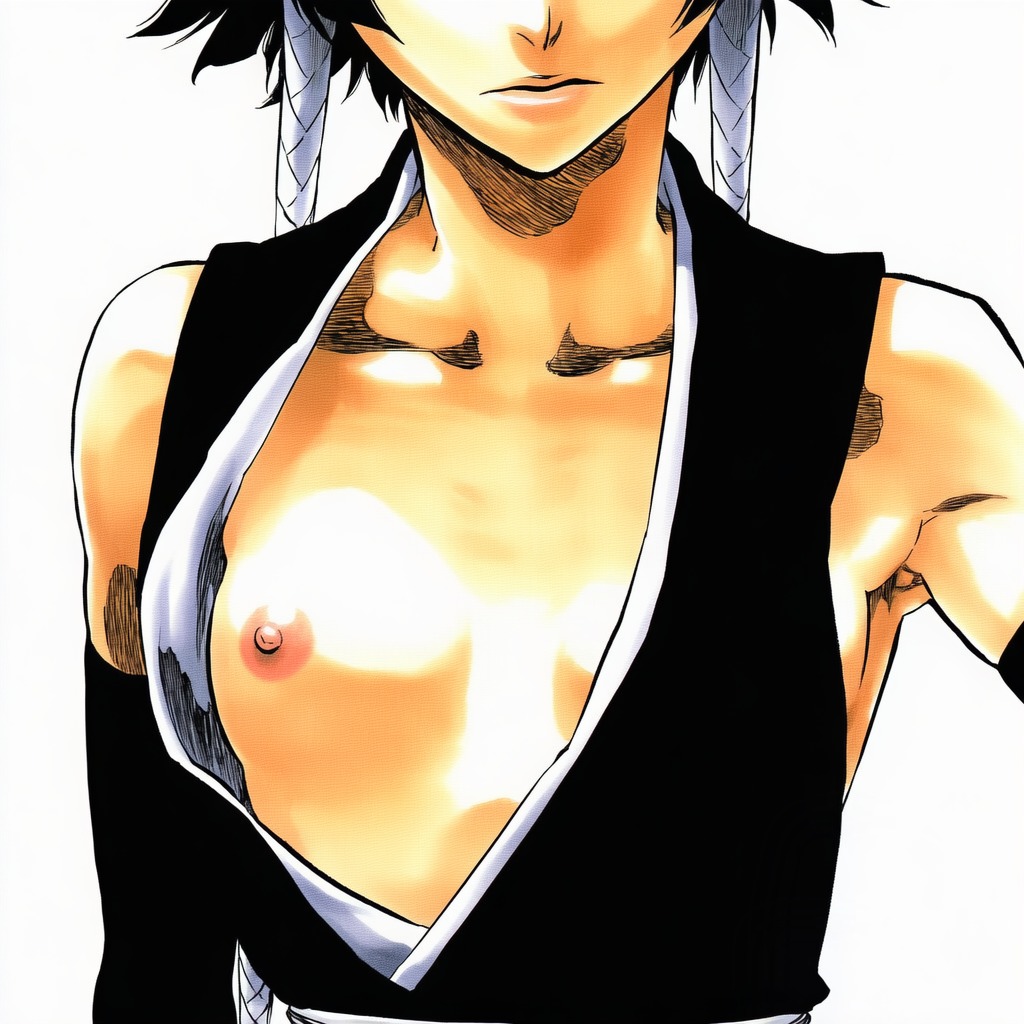 1:1, 1girls, 2d, accurate art style, accurate body type, ai generated, areolae, arm at side, armpit, armpits, bare shoulders, black hair, bleach, breast focus, breast slip, breasts, breasts apart, cel shading, closed mouth, clothing, collarbone, cropped, detached sleeves, erect nipples, facing viewer, female, female focus, female only, flat chest, frown, hair tubes, head out of frame, high resolution, highres, japanese clothes, light skin, light-skinned female, line art, looking at viewer, manga style, nipple slip, nipples, no bra, official style, one breast out, open clothes, open shirt, petite, pink nipples, shiny skin, short hair, short hair with long locks, simple background, small breasts, soifon, solo, solo female, solo focus, standing, sui-feng, tite kubo style, traditional clothes, upper body, wardrobe malfunction, white background