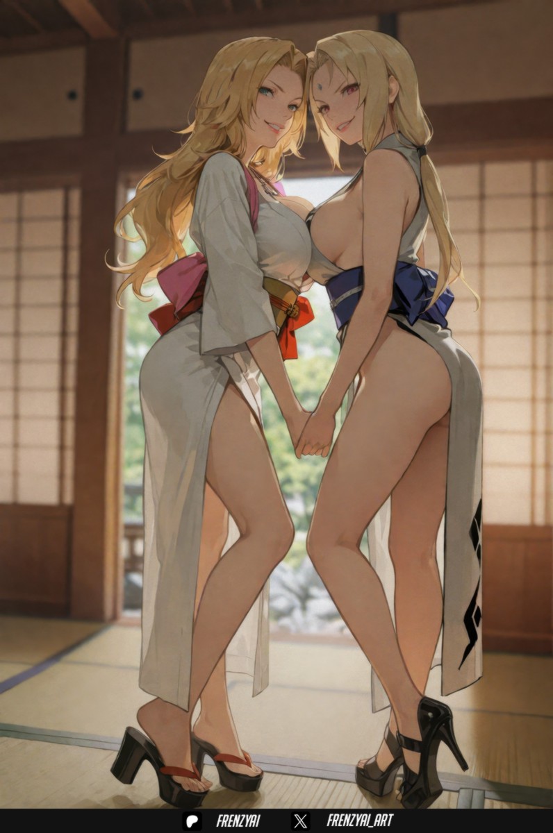 2girls, ai generated, ass, asymmetrical docking, bangs, bare legs, bare shoulders, black footwear, bleach, blonde hair, blue eyes, blurry, blurry background, breast press, breasts, crossover, facial mark, female, female only, forehead mark, frenzyai, from side, full body, grey kimono, high heels, holding hands, indoors, interlocked fingers, japanese clothes, kimono, large breasts, legs, long hair, looking at viewer, matsumoto rangiku, mature female, multiple girls, naruto (series), obi, parted bangs, parted lips, rangiku matsumoto, sandals, sash, shouji, sideboob, sliding doors, smile, standing, symmetrical docking, tatami, thighs, tsunade, white kimono