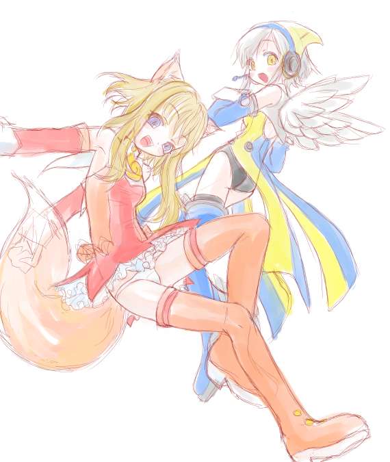 2girls anthrofied boots firefox firefox-tan fox_ears fox_tail headphones mascot microphone mozilla_thunderbird os-tan panties site-tan tail thunderbird-tan wings