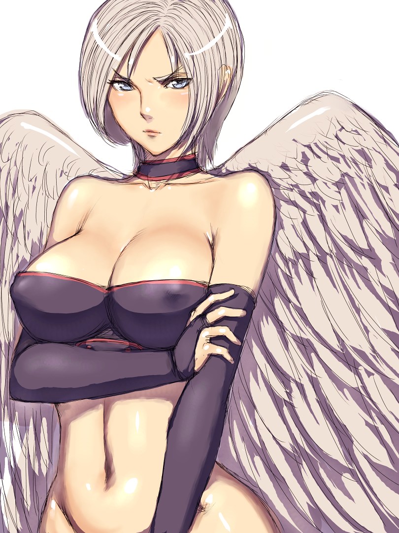 angel bare_shoulders blush bottomless breasts cleavage clothing dragon_quest dragon_quest_ix erect_nipples fumio_(rsqkr) gloves large_breasts medium_breasts pavo raviel_(dragon_quest) silver_eyes silver_hair sketch wings