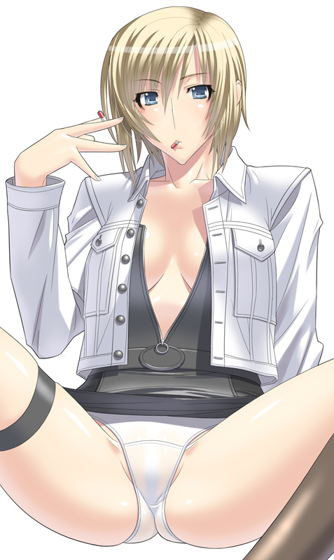 alternate_color aya_brea blonde_hair blue_eyes drugs kansuke mouth_hold open_clothes open_shirt panties parasite_eve parasite_eve_ii pill pills shirt short_hair spread_legs thigh_strap underwear unzipped white_panties