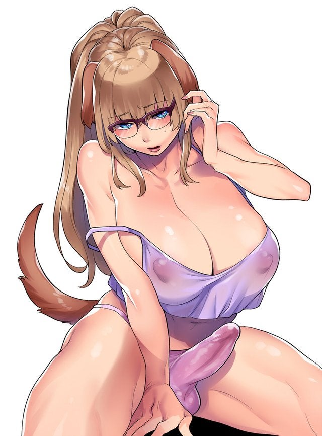 1futa, animal ears, animal tail, areolae, balls, big breasts, big penis, blonde hair, blue eyes, blush, breasts, clothed, clothing, dickgirl, dog ears, dog tail, edit, edited, female, futa only, futanari, glasses, humanoid, humanoid penis, intersex, kemonomimi, milf, milf futa, mogiki hayami, nipple bulge, nipples, partially clothed, penis, see-through, simple background, solo, solo futa, tail, trans woman, transfem, uncensored, white background