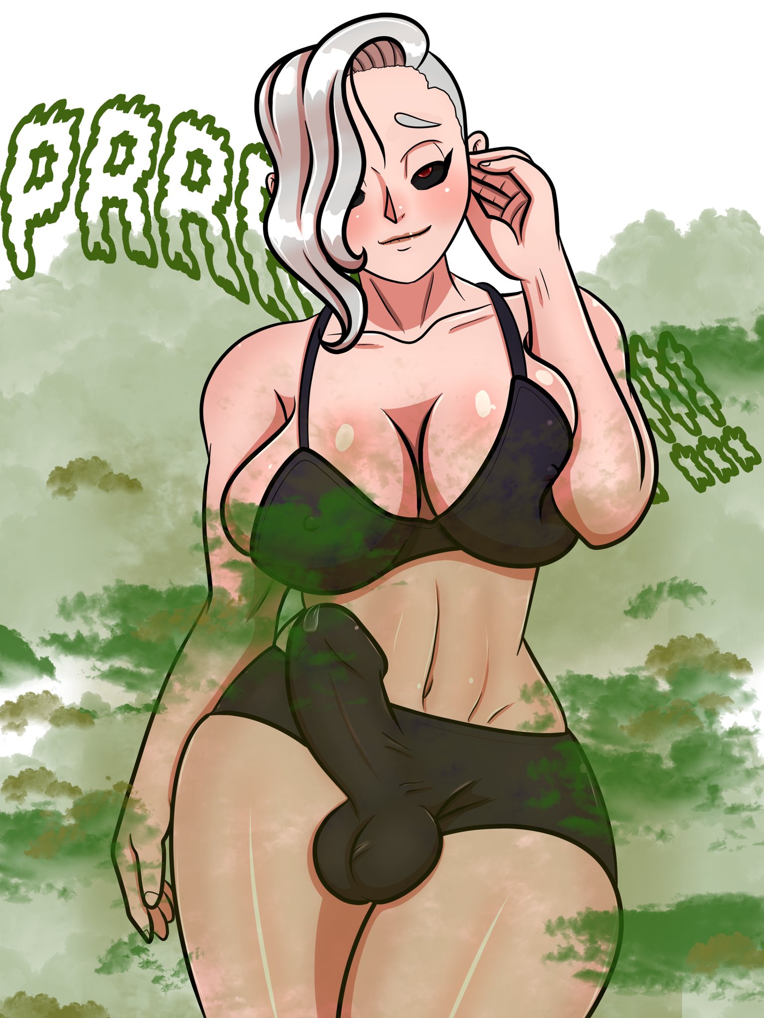bikini, blush, breasts, bulge, cleavage, erection, fart, fart cloud, fart fetish, farting, futanari, intersex, kaiadax, kinora-linaxi (classic), large breasts, penis, precum, precum drip, precum through clothing, ryujisama, tenting, white hair