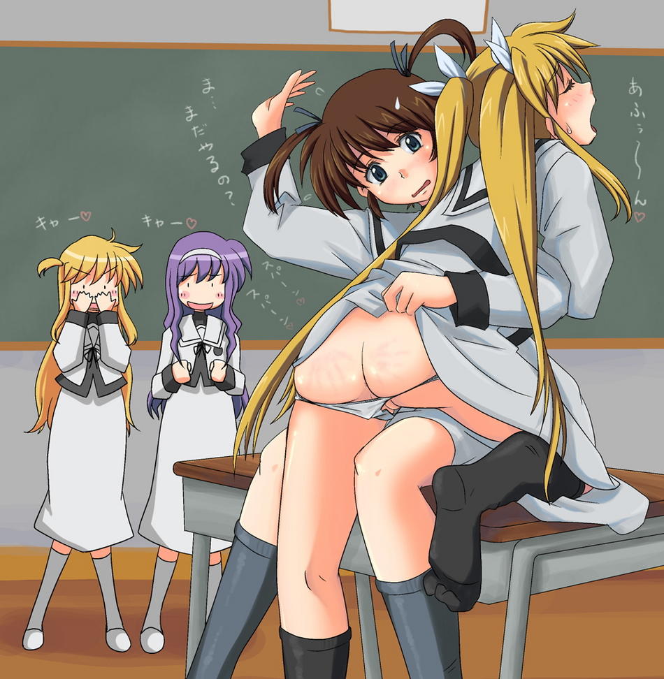 arisa_bannings chalkboard fate_testarossa lyrical_nanoha mahou_shoujo_lyrical_nanoha nanoha_takamachi spanking suzuka_tsukimura