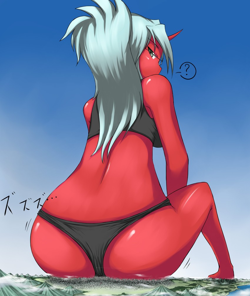 ass back_view black_bra black_panties bra butt_crush color crush demon demon_girl female female_only giantess glasses high_resolution huge_ass kneehighs kneesocks_daemon lingerie macro ochiko_terada panties panty_&_stocking_with_garterbelt solo unaware unaware_buttcrush underwear