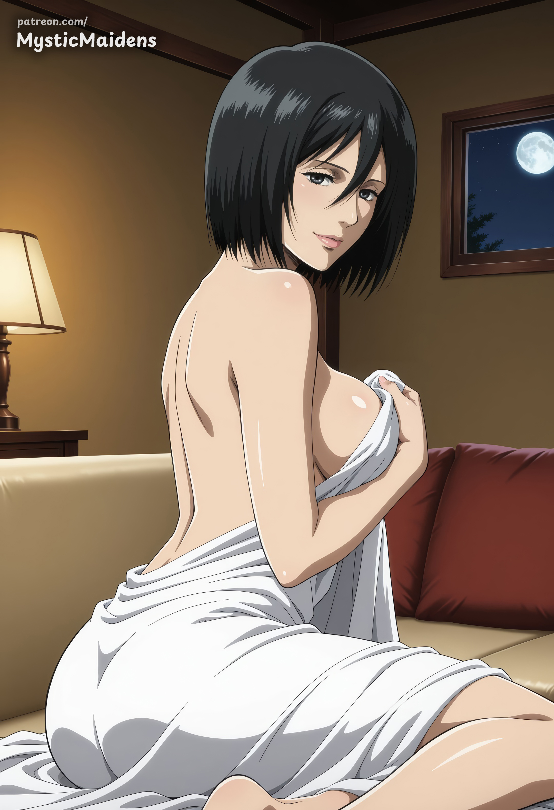 ai generated, anime, anime style, artist name, ass, attack on titan, back, barefoot, bed, bed sheet, black eyes, black hair, blanket, breasts, covering privates, female, full moon, hair between eyes, hentai, hi res, indoors, lamp, large breasts, looking at viewer, looking back, medium breasts, mikasa ackerman, mikasa ackerman (pre s4), moon, mystic maidens, naked sheet, night, on bed, patreon, pillow, shingeki no kyojin, short hair, sideboob, sitting, smile, solo, wariza
