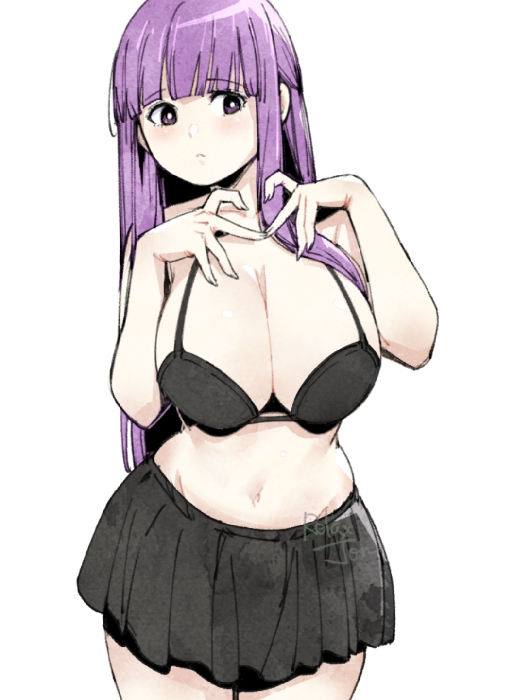 bangs, belly, big breasts, bra, breasts, busty, busty female, cleavage, cleavage overflow, curvy, curvy figure, female, female focus, female only, fern (sousou no frieren), heart hands, heart symbol, hourglass figure, long hair, midriff, oppai, pale skinned female, purple eyes, purple hair, relaxjon, revealing, revealing clothes, skirt, slim waist, solo, solo female, solo focus, sousou no frieren, tiny waist, tummy, wide hips, wide thighs