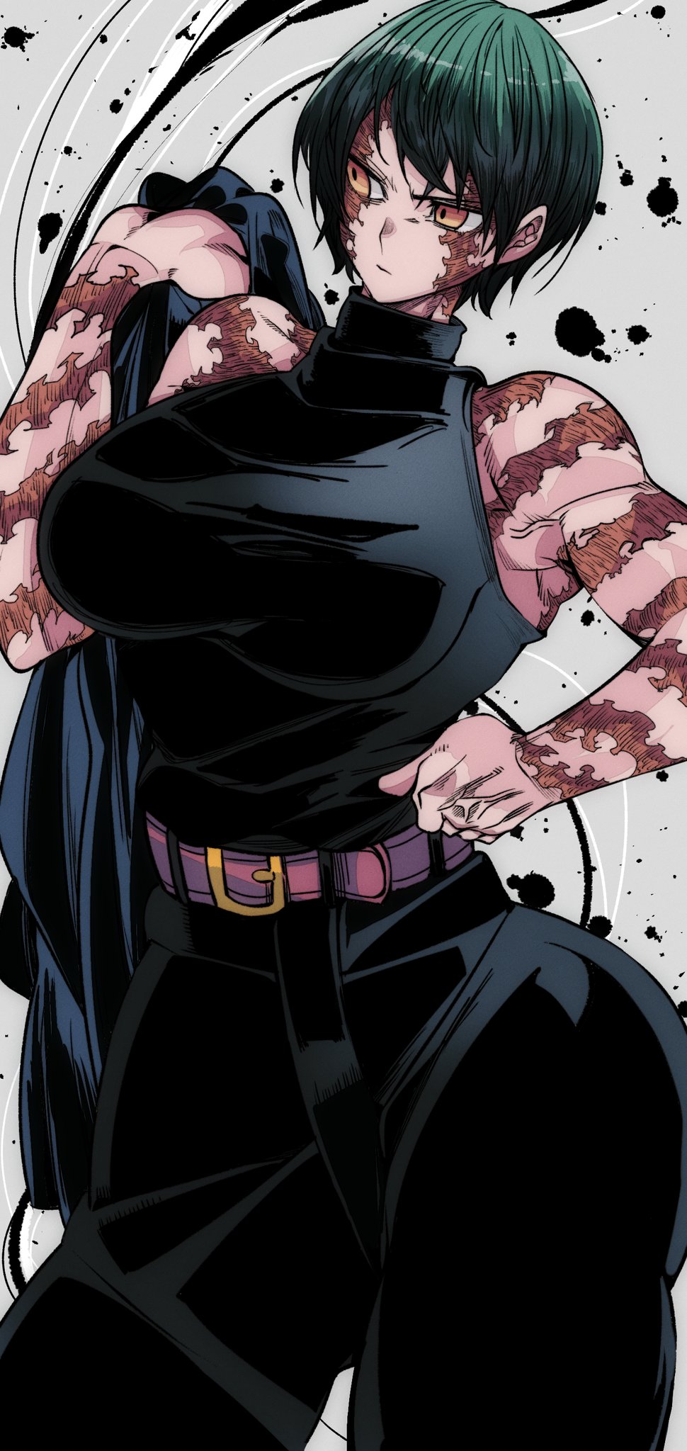 1girls, 2026, bare arms, big thighs, breasts, clothed, clothing, color, colored, curvy, curvy figure, digital media (artwork), female, female only, fully clothed, green hair, hair, hi res, jujutsu kaisen, light skin, light-skinned female, looking away, mappa, muscular female, omochi db, orange eyes, scars, short hair, simple background, solo, thick thighs, thighs, white background, zenin maki