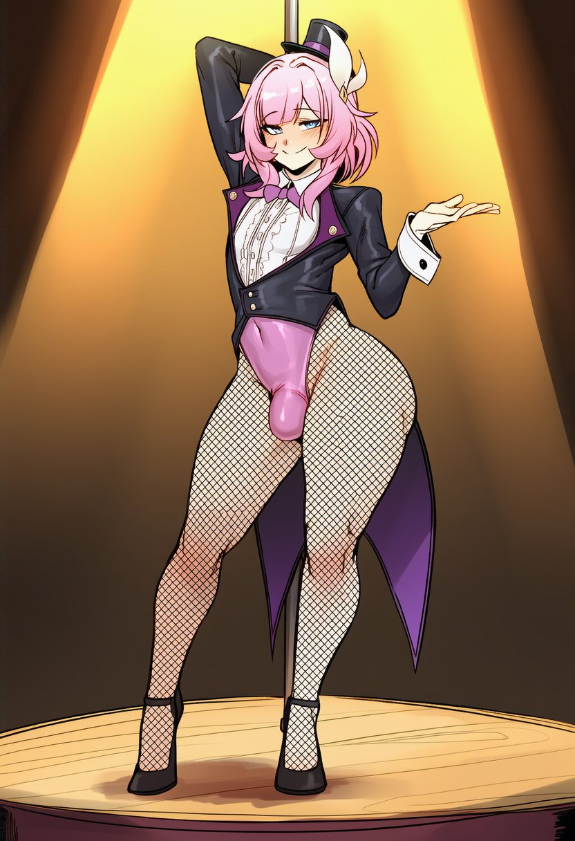 1boy, 1femboy, 2d, ai generated, arm up, ass, big ass, big butt, big cock, big penis, black footwear, black headwear, black jacket, blue eyes, blush, bow, bowtie, bulge, bulge through clothing, bulge under clothes, closed mouth, coattails, cock, covered navel, covered penis, crossdressing, cyrene (honkai: star rail), cyreneceo, erection under clothes, femboy, fishnet pantyhose, fishnets, frills, full body, genderswap (ftm), gloves, hat, high heels, honkai: star rail, jacket, large ass, large butt, large cock, large penis, large thighs, leotard, long sleeves, looking at viewer, male, male focus, otoko no ko, pantyhose, penis, penis bulge, pink hair, pink leotard, pole, pole dancing, rule 63, shirt, smile, solo, spotlight, standing, stripper pole, tailcoat, thick ass, thick butt, thick thighs, thighs, top hat, white shirt, wrist cuffs