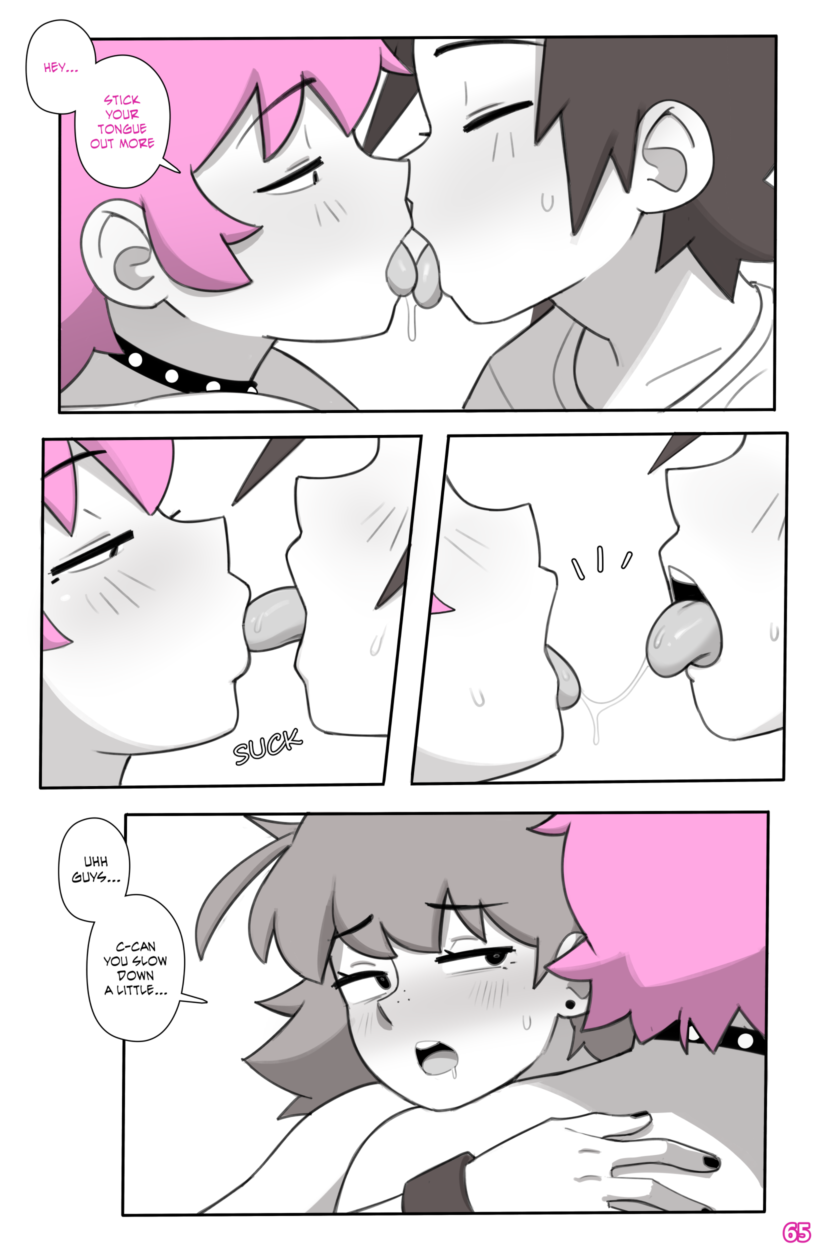 1girls, 2026, 2boys, bisexual, bisexual male, bisexual sandwich, blush, blush lines, blushing, bottomless, boys kissing, carrying partner, collar, comic, comic page, comic panel, completely nude, complimenting partner, dirty talk, dross, embrace, english text, enjoying, eye contact, female, female supporting yaoi, femboy, femboy on female, femboy on tomboy, full body, gay, gay kissing, gay male, happy female, happy sex, head on shoulder, holding, hugging, imminent orgasm, jacob (dross), kissing, making out, male, male/female, male/male, mmf threesome, monochrome, overwhelmed, page 65, pink hair, roxanne (dross), saliva, saliva string, saliva trail, short hair, slow down request, speech bubble, stand and carry position, sucking tongue, taylor (dross), teamwork, threesome, tomboy, tongue, tongue out, white background, yaoi