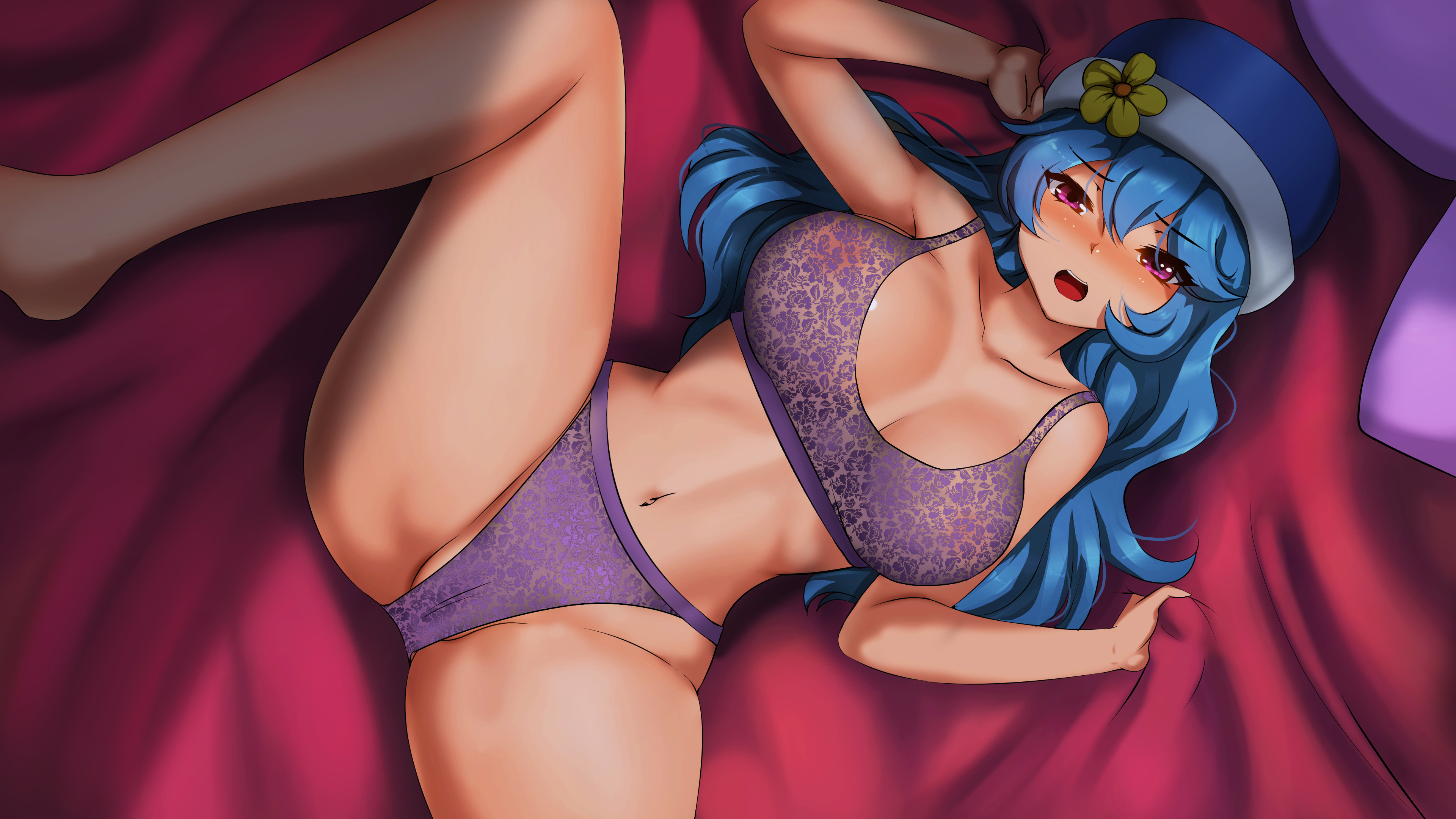 1girls, bed, big breasts, blue hair, blue-haired female, bra, breasts, fairy tail, female, hat, juvia lockser, knightfanghentai, long hair, looking at viewer, panties, purple bra, purple eyes, purple panties, solo, spread legs, venomoose (copyright)