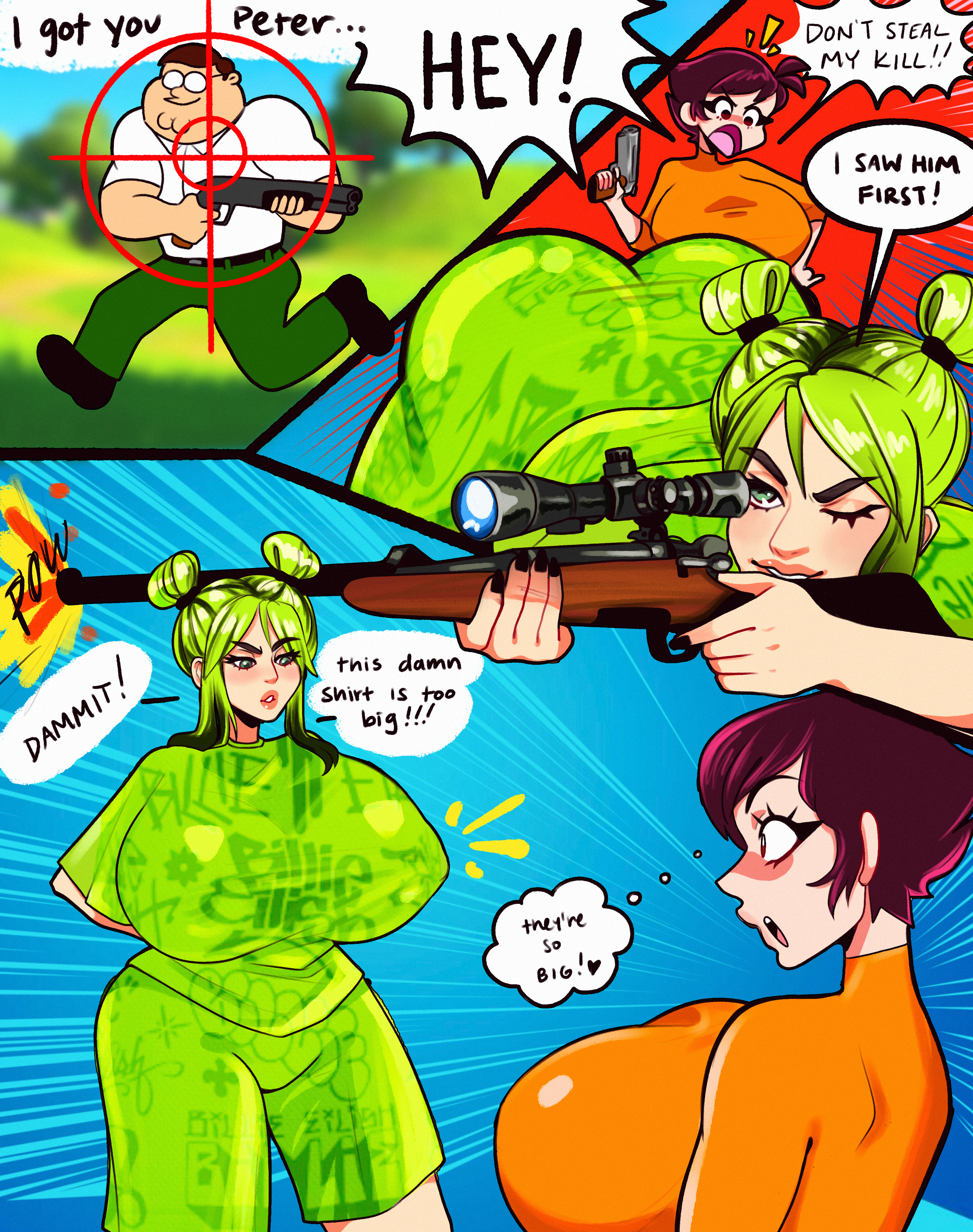15:19, 1boy, 2girls, admiring, alternate breast size, artist self-insert, ass, big ass, big breasts, billie eilish, billie eilish (fortnite), breasts, breasts bigger than head, clothing, clothing pull, crossover, dialogue, double bun, english text, family guy, female, fortnite, green eyes, green hair, holding, holding gun, holding object, holding pistol, holding sniper rifle, holding weapon, huge breasts, large breasts, magenta hair, male, multiple girls, peter griffin, pistol, real person, self insert, shirt, short hair, sniper rifle, source request, text, thought bubble, veronica and jelly