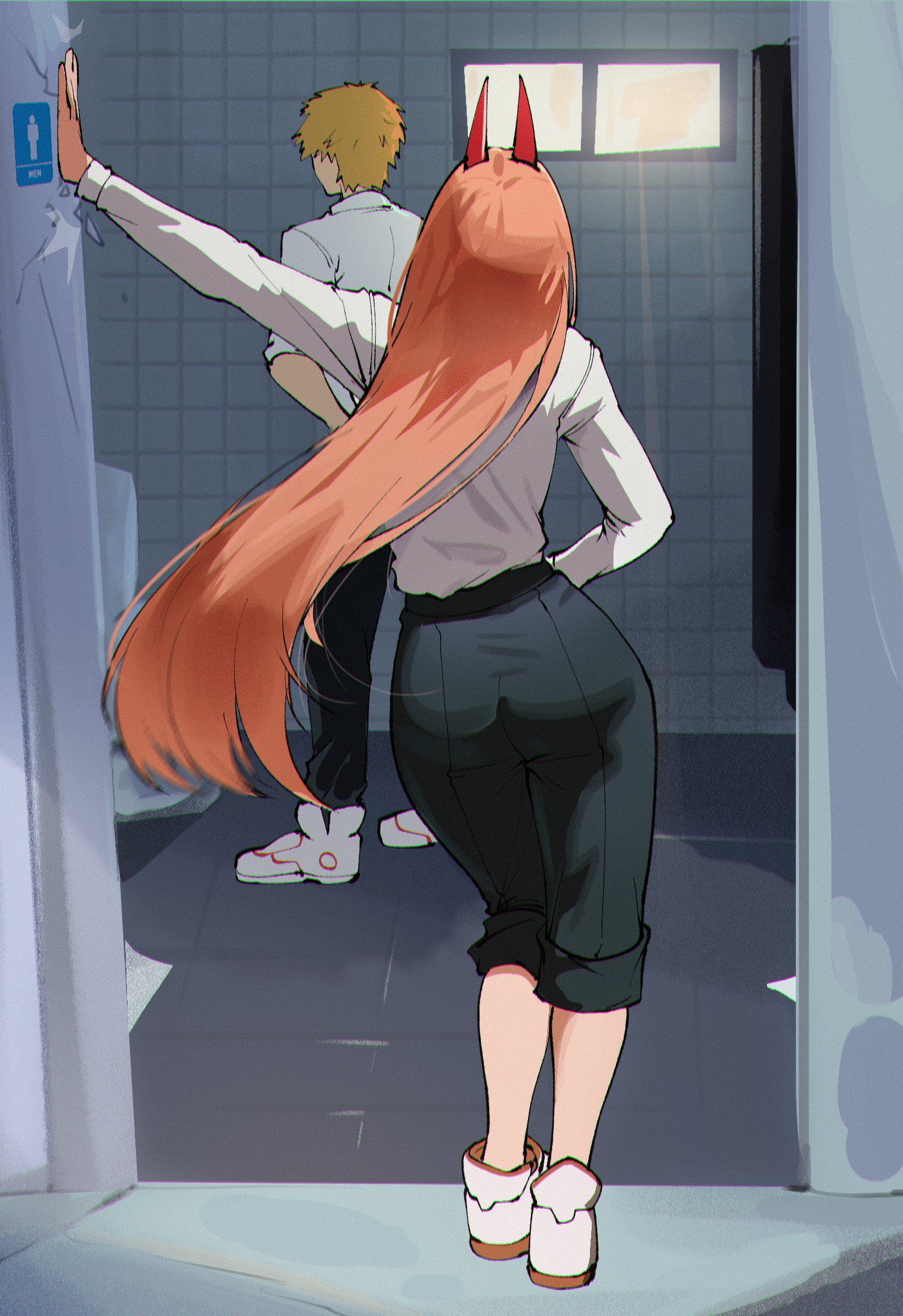 1boy, black pants, chainsaw man, collared shirt, commentary, day, demon girl, demon horns, denji (chainsaw man), english commentary, female, from behind, highres, horns, indoors, jamesloves art, leaning to the side, long hair, long sleeves, orange hair, pants, pants rolled up, power (chainsaw man), public restroom, shirt, shoes, short sleeves, sleeves rolled up, toilet, white shirt, white shoes