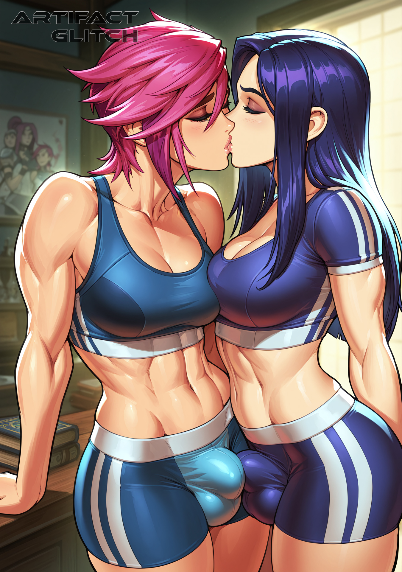 2girls, abs, ai generated, arcane, arcane caitlyn, arcane vi, artifactglitch, balls, big breasts, blue hair, breasts, breasts to breasts, bulge, bulge through clothing, caitlyn kiramman, closed eyes, fit, furrowed brow, futa on futa, futanari, gym uniform, kissing, league of legends, lipstick, long hair, makeup, pink hair, riot games, short hair, sports bra, tight clothing, vi, vi (league of legends), watermark