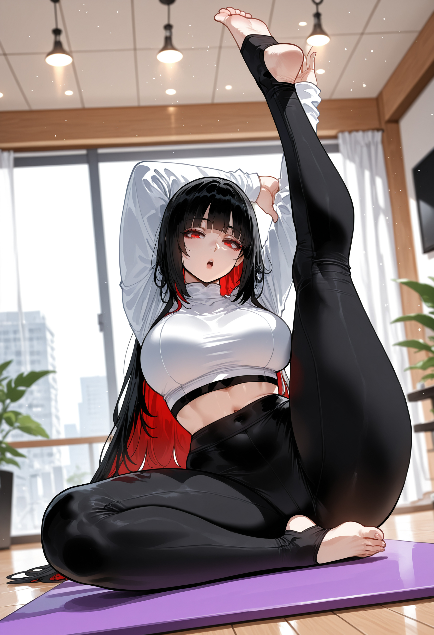 1girls, ai generated, big ass, big breasts, big butt, big thighs, black hair, female, female only, huge ass, huge breasts, huge butt, huge thighs, jabami yumeko, kakegurui, leg up, miyuai, red eyes, sexy, sexy body, solo, thick, thick ass, thick butt, thick legs, thick thighs, yoga, yoga mat, yoga pants, yoga pose