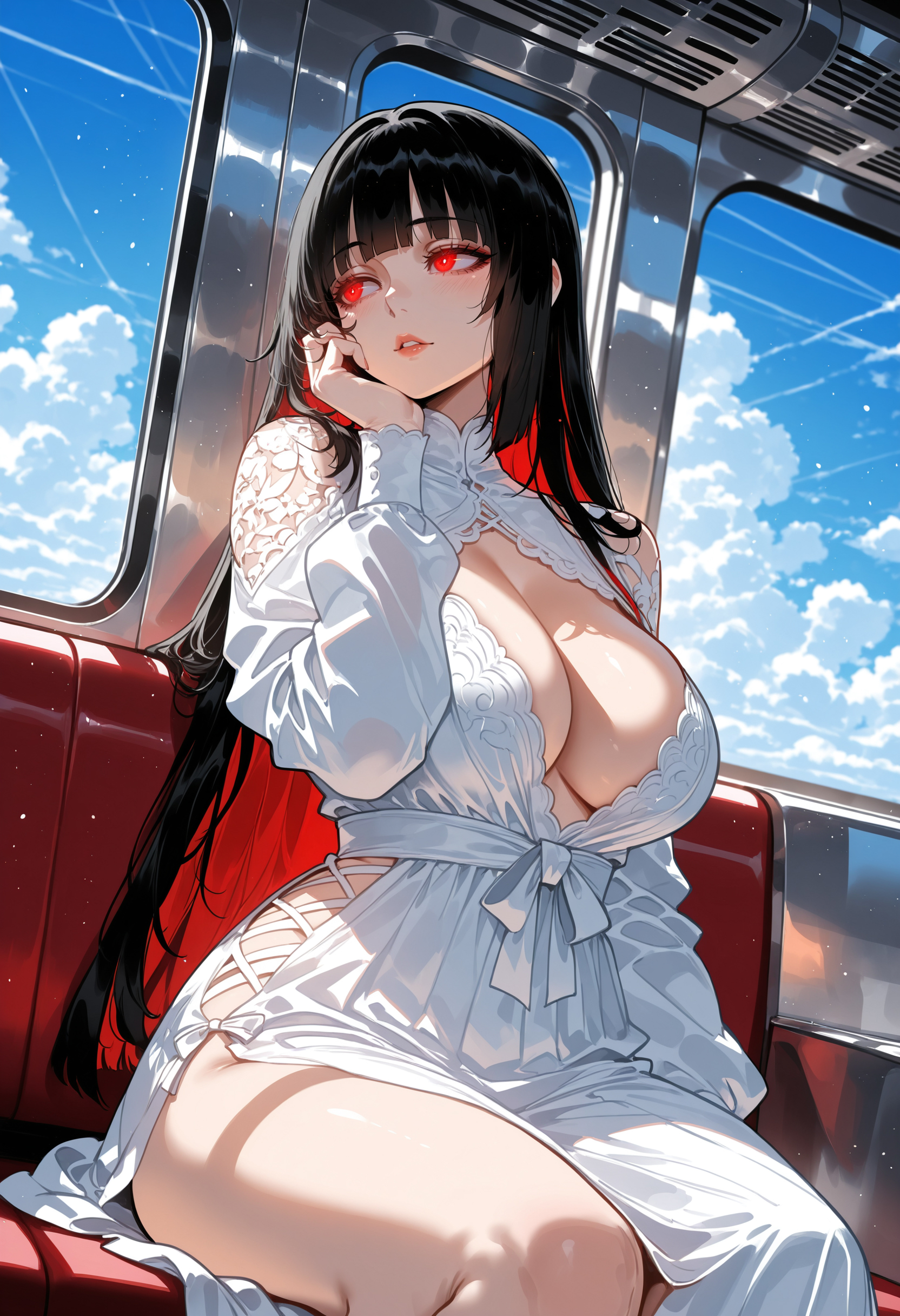 1girls, ai generated, big ass, big breasts, big butt, big thighs, black hair, female, female only, huge ass, huge breasts, huge butt, huge thighs, jabami yumeko, kakegurui, miyuai, red eyes, sexy, sexy body, solo, thick, thick ass, thick butt, thick legs, thick thighs, train, train interior, white dress