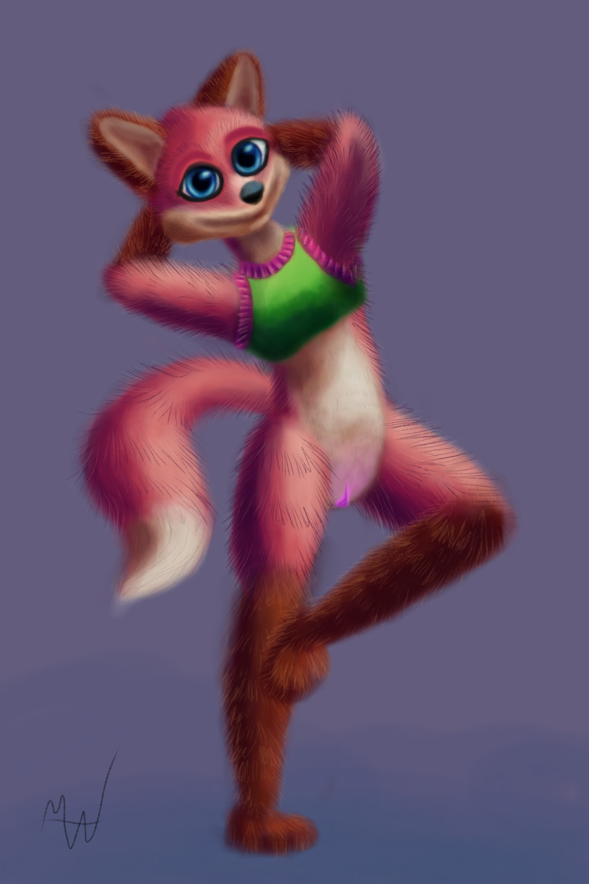 anthro baley belly big_ears big_feet bikini bikini_top blue_eyes bottomless brown_body brown_ears brown_fur canid canine clothed clothing feet female fox fox_tail fur genitals green_clothing green_topwear hands_behind_head hi_res looking_at_viewer mammal modestwold mostly_nude paws pink_pussy pussy raised_leg red_body red_fox red_fur smiling_at_viewer solo swimwear topwear white_belly white_body white_fur