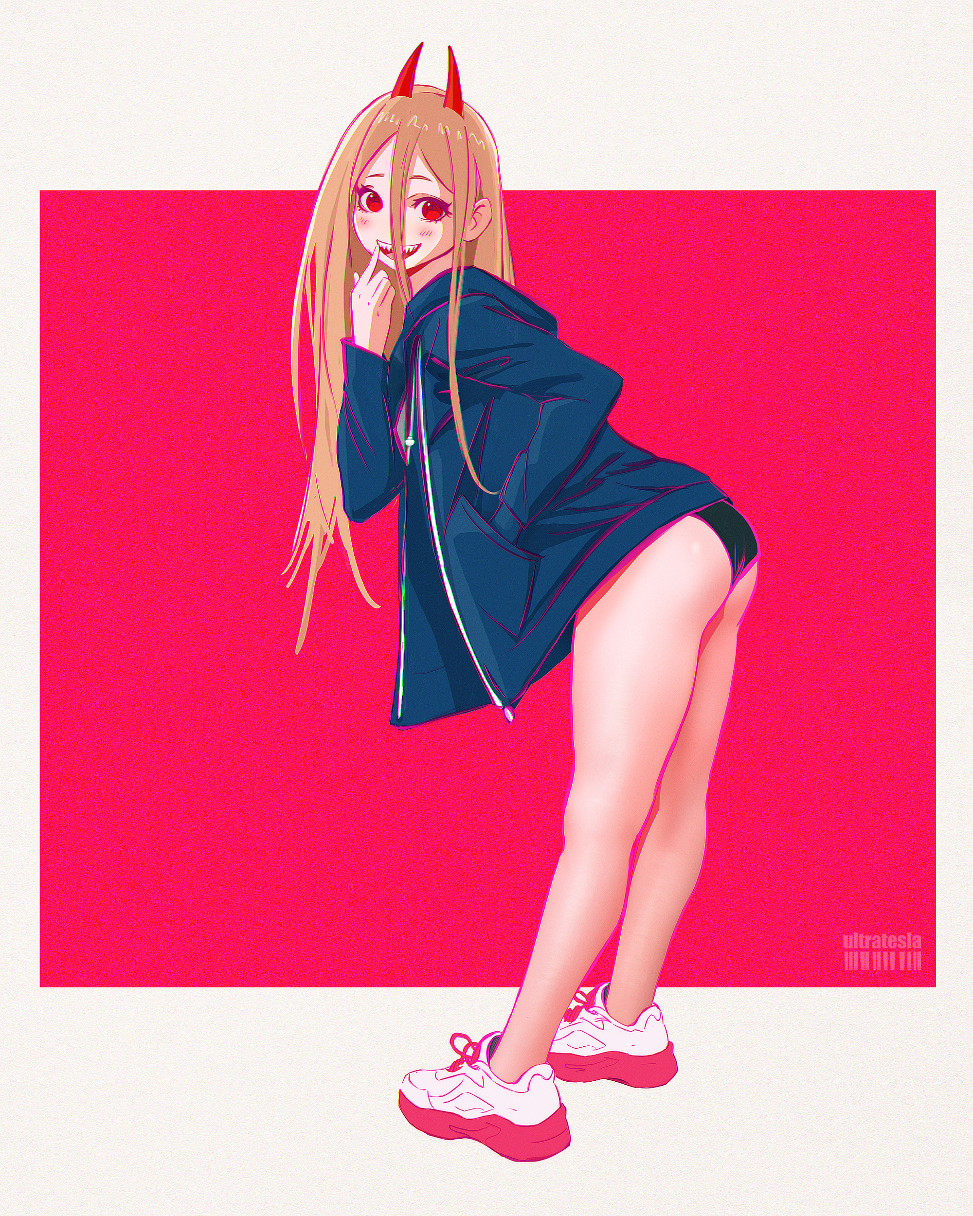 absurdres, artist name, bare legs, black jacket, black panties, blonde hair, blush, chainsaw man, demon horns, female, female focus, finger to mouth, hair between eyes, hand in pocket, highres, horns, jacket, leaning forward, long hair, looking at viewer, open mouth, panties, power (chainsaw man), red eyes, red horns, sharp teeth, shoes, sneakers, solo, standing, teeth, thighs, ultratesla, underwear, upper teeth only, white shoes