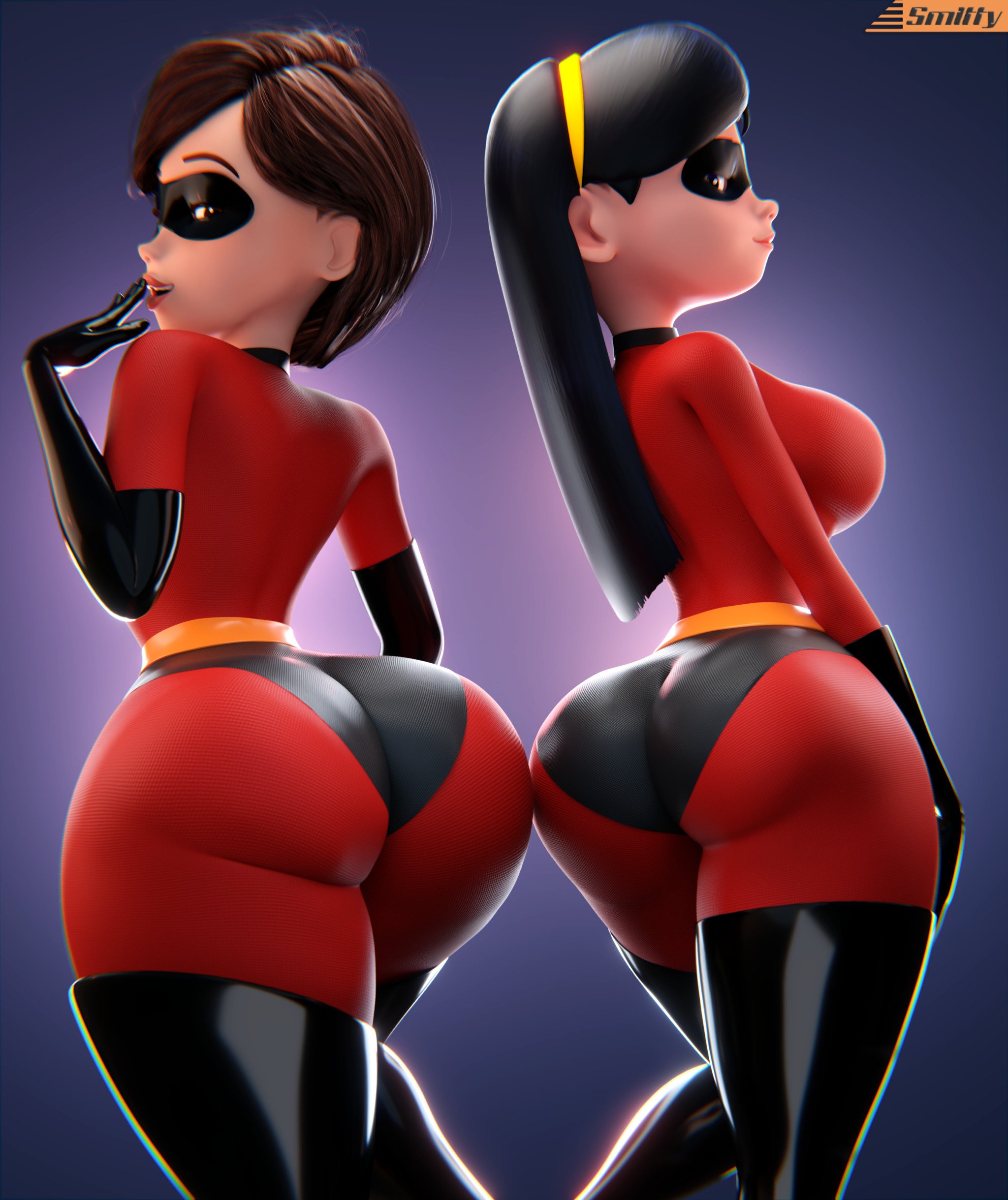 2 bodysuits, 2024, 2girls, 3d, 3d (artwork), armwear, ass, ass focus, ass to ass, back, back view, backboob, big ass, big breasts, black gloves, black hair, bodysuit, brown eyes, brown hair, bubble ass, bubble butt, costume, daughter, disney, domino mask, eyewear, female, female only, gloves, hair, helen parr, high resolution, highres, huge ass, jpeg, latex, lips, looking back, mature, mature female, mature woman, milf, mother, mother and daughter, pixar, pixar mom, purple eyes, red bodysuit, seductive, seductive look, short hair, smitty34, superhero costume, superheroine, the incredibles, the incredibles 2, violet parr