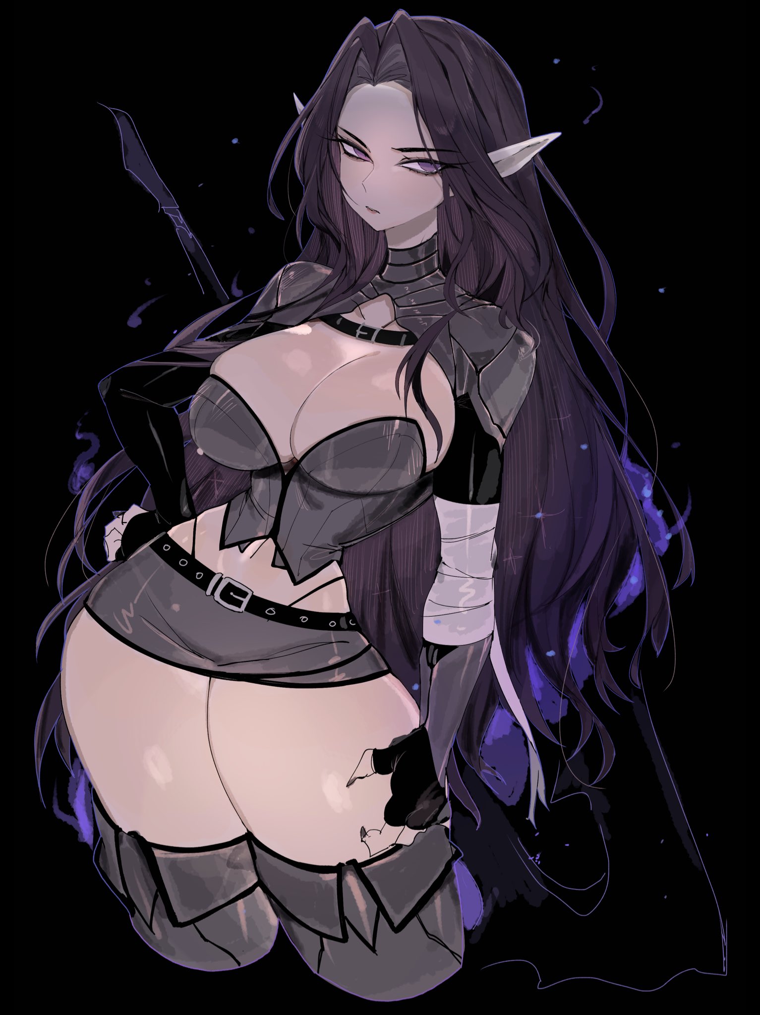 1girls, 2026, bare thighs, big breasts, big thighs, black background, black hair, breasts, clothed, clothing, color, colored, digital media (artwork), elf ears, emotionless, female, female only, hair, hi res, huge thighs, legs, long hair, looking away, mouth closed, oc, original, original character, simple background, small waist, solo, thick thighs, thighs, usa37107692, waist