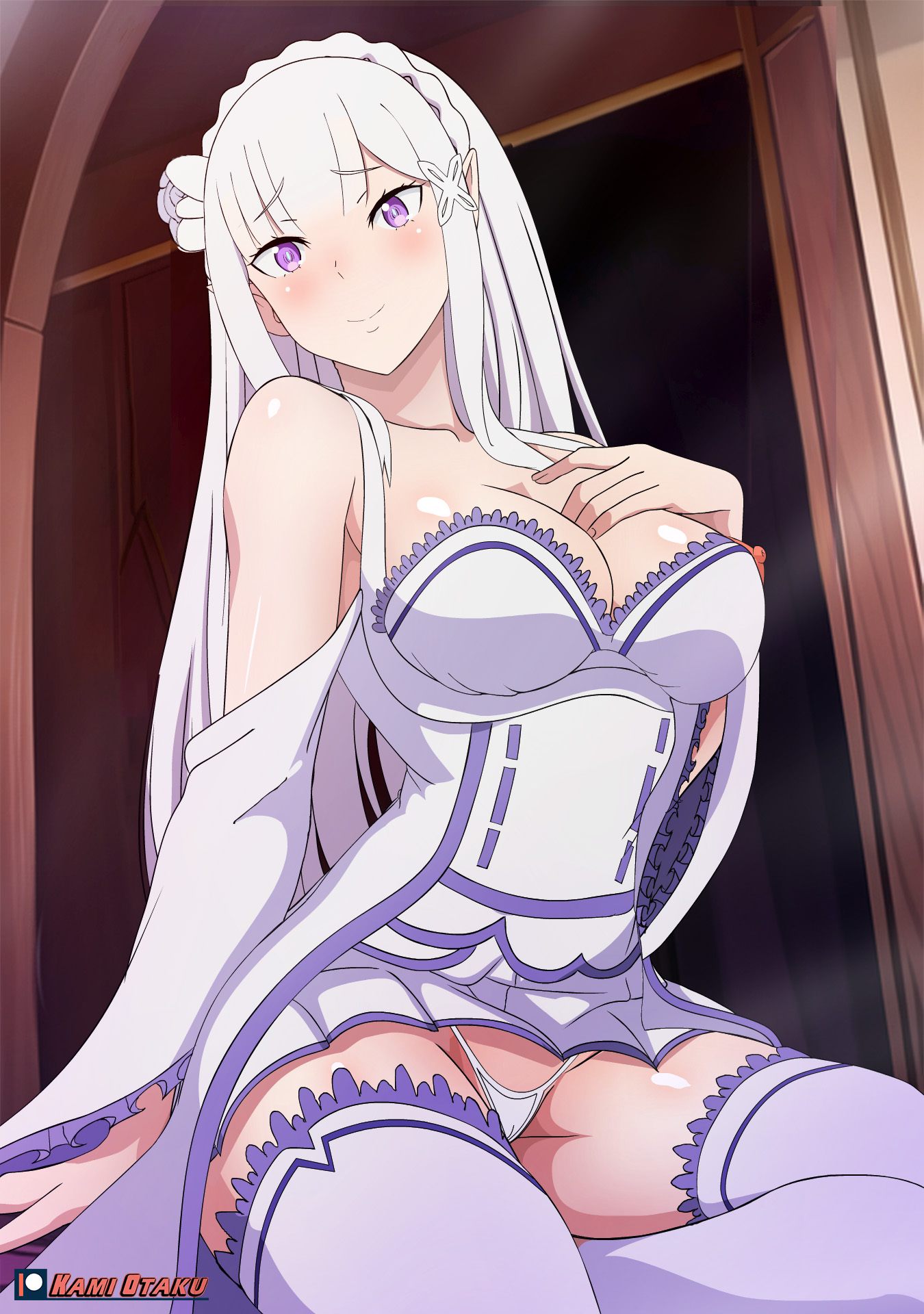 1girls, boobs, breasts, cleavage, digital drawing (artwork), digital media (artwork), elf, elf ears, elf female, emilia (re:zero), kami otaku, looking at viewer, panties, pantyshot, purple eyes, re:zero kara hajimeru isekai seikatsu, silver hair, sitting, solo, thick thighs
