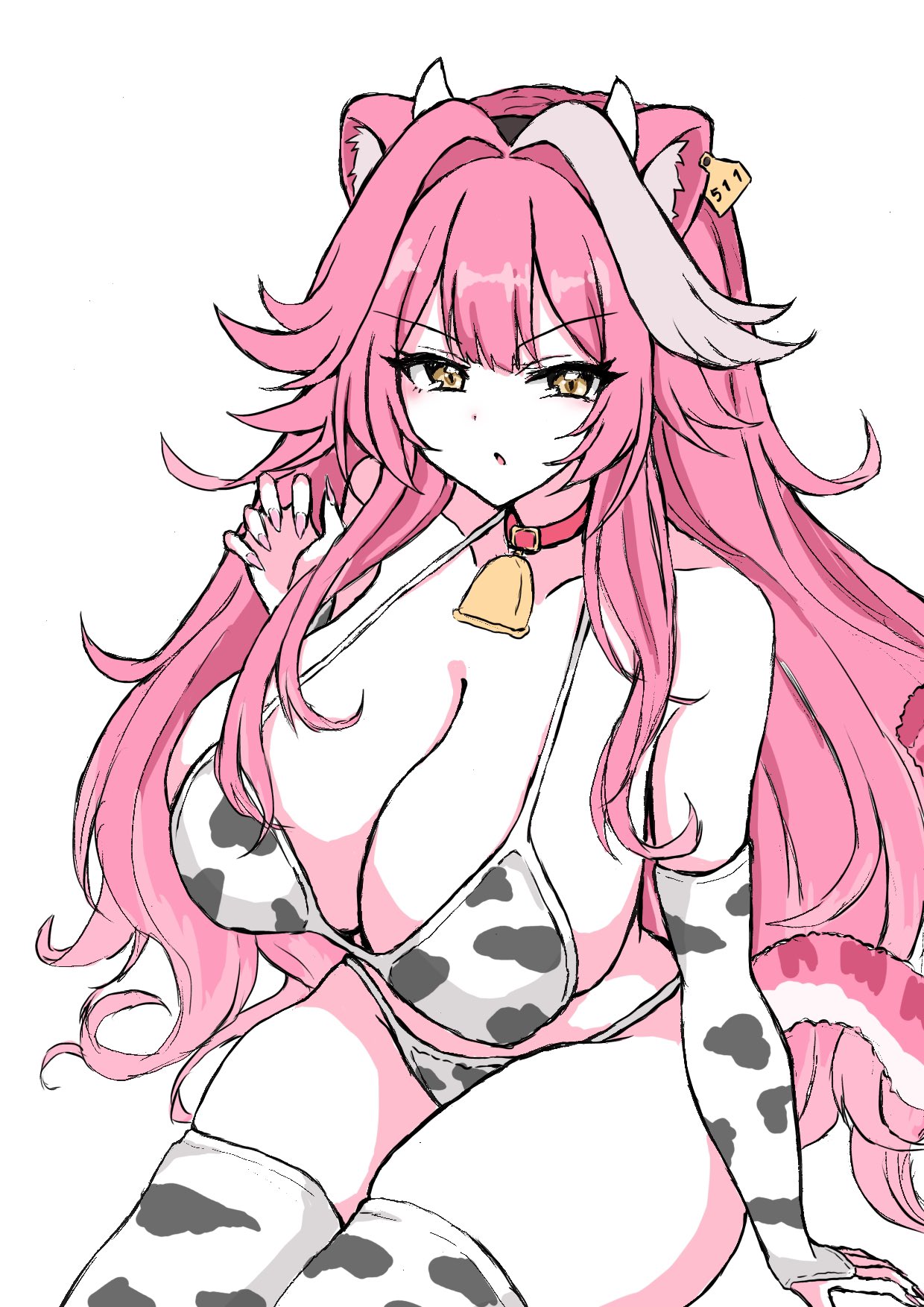 1girls, 2026, animal ears, big breasts, breasts, collar, color, colored, cow print bikini, digital media (artwork), e8ito1, female, female only, hair, hi res, hololive, hololive english, hololive english -justice-, light skin, light-skinned female, long hair, looking at viewer, open mouth, panther ears, partially clothed, pink hair, raora panthera, simple background, sitting, solo, tail, thick thighs, thighs, virtual youtuber, vtuber, white background, yellow eyes