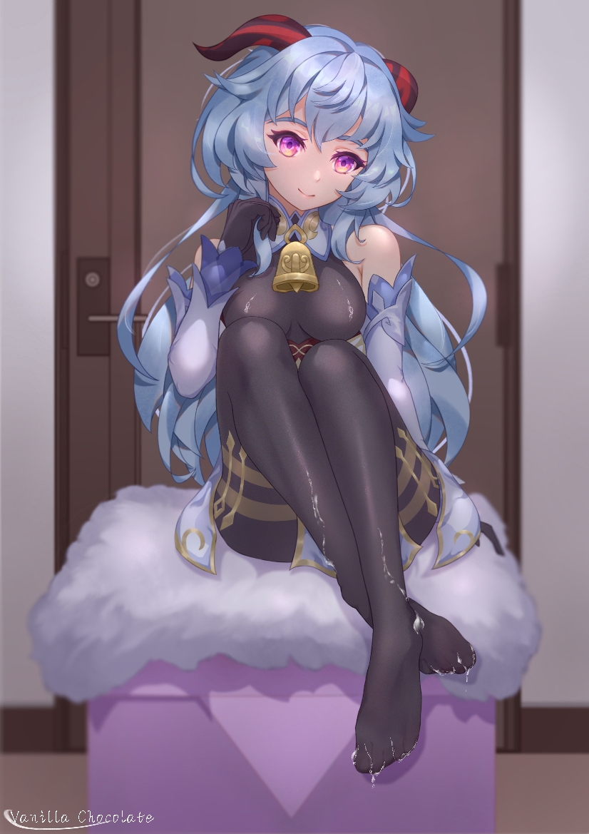 1girls, after footjob, after sex, bell, big breasts, blue hair, bodysuit, breasts, cowbell, cum, cum on breasts, cum on clothes, cum on legs, cum on lower body, female, ganyu (genshin impact), genshin impact, horns, long hair, looking at viewer, purple hair, sitting, smile, solo female, uniform, vanilla chocolate