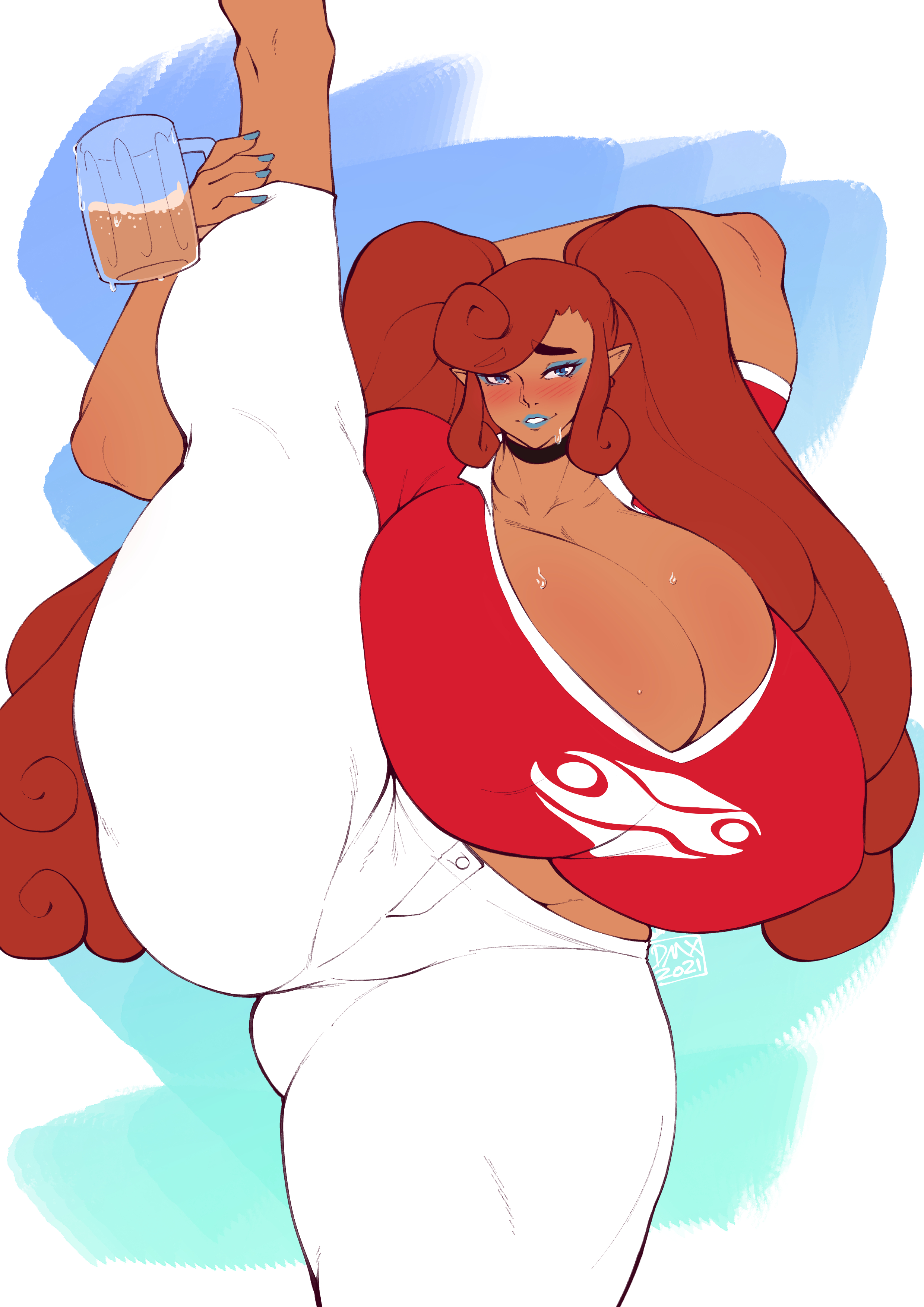 1girls, absurdres, big breasts, blush, breasts, cleavage, dark skin, dark-skinned female, dmxwoops, female, female only, gerudo, highres, huge breasts, hyper, hyper breasts, large breasts, looking at viewer, solo, spread legs, the legend of zelda, thick thighs, wide hips