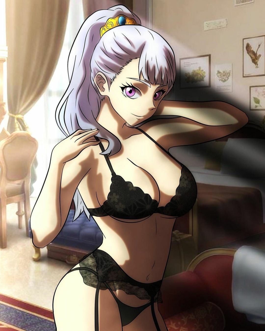 1girls 1milf acier_silva bare_arms bare_legs bare_shoulders bedroom black_clover black_panties breasts classy_female cleavage excalibur_overdrive female_only hourglass_figure lace-trimmed_bra large_breasts lingerie long_hair looking_at_viewer milf navel panties partially_clothed ponytail purple_eyes royal royalty silver_hair smile solo solo_female stomach wide_hips