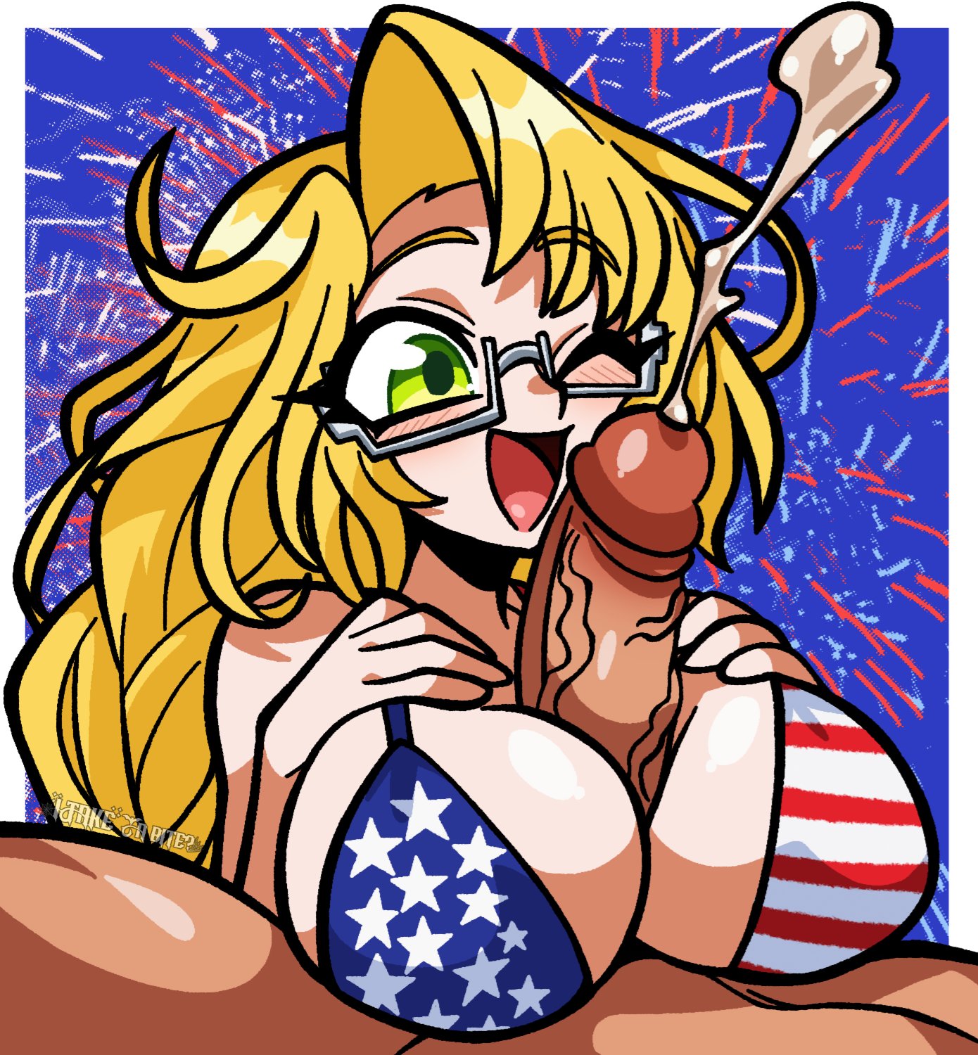 1boy, 1girls, american flag bikini, blonde hair, emily simmons, eyewear, flag bikini, flag print, glasses, green eyes, itakeabite, light skin, light-skinned female, outercourse, paizuri, taimanin (series), unseen male face