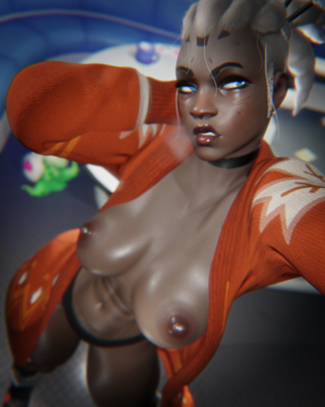 1girls 3d 3d_(artwork) abs areolae big_breasts black_panties blue_eyes bottomwear breast_focus breasts breasts_out cozy_sojourn cyborg ebony ebony_female exposed_breasts female female_only gilf grey_hair hair high-angle_view legs lips mature_female neckwear nipples open_robe orange_robe overwatch overwatch_2 pachimari panties robe rougenine sojourn_(overwatch) solo solo_female steam steamy_breath thighs upper_body