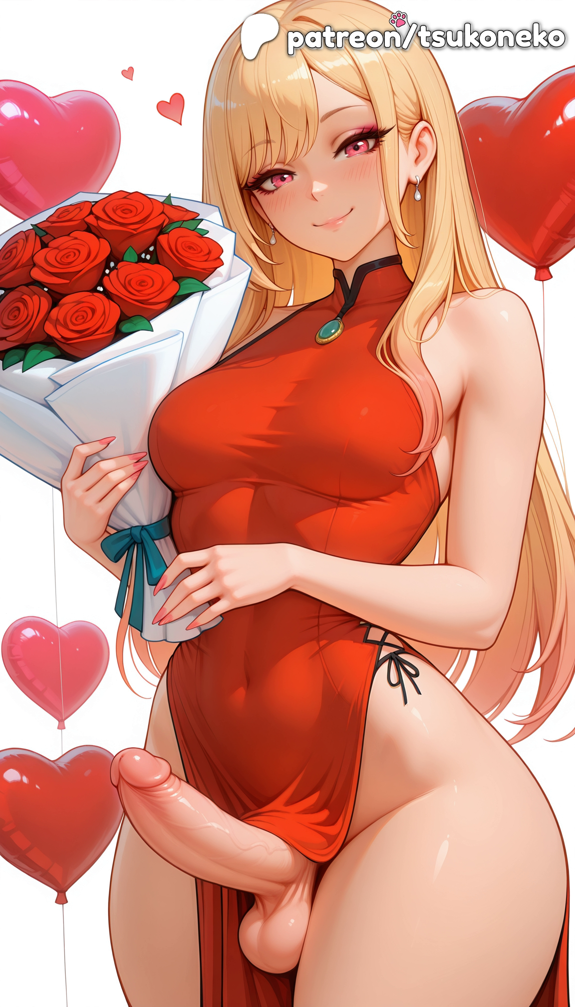 1futa, 2026, ai assisted, ai generated, anime, artist name, bouquet, cock, dick, dress, earrings, erection, explicit, flower, futanari, hi res, high quality, high resolution, highres, jewelry, kitagawa marin, large penis, long hair, marin kitagawa, my dress up darling, nail polish, newhalf, otoko no ko, patreon, patreon username, penis, pink rose, precum, red flower, red nails, red rose, rose, smile, sono bisque doll wa koi wo suru, stable diffusion, testicles, tsukoneko, uncensored, valentine's day, valentines day, watermark