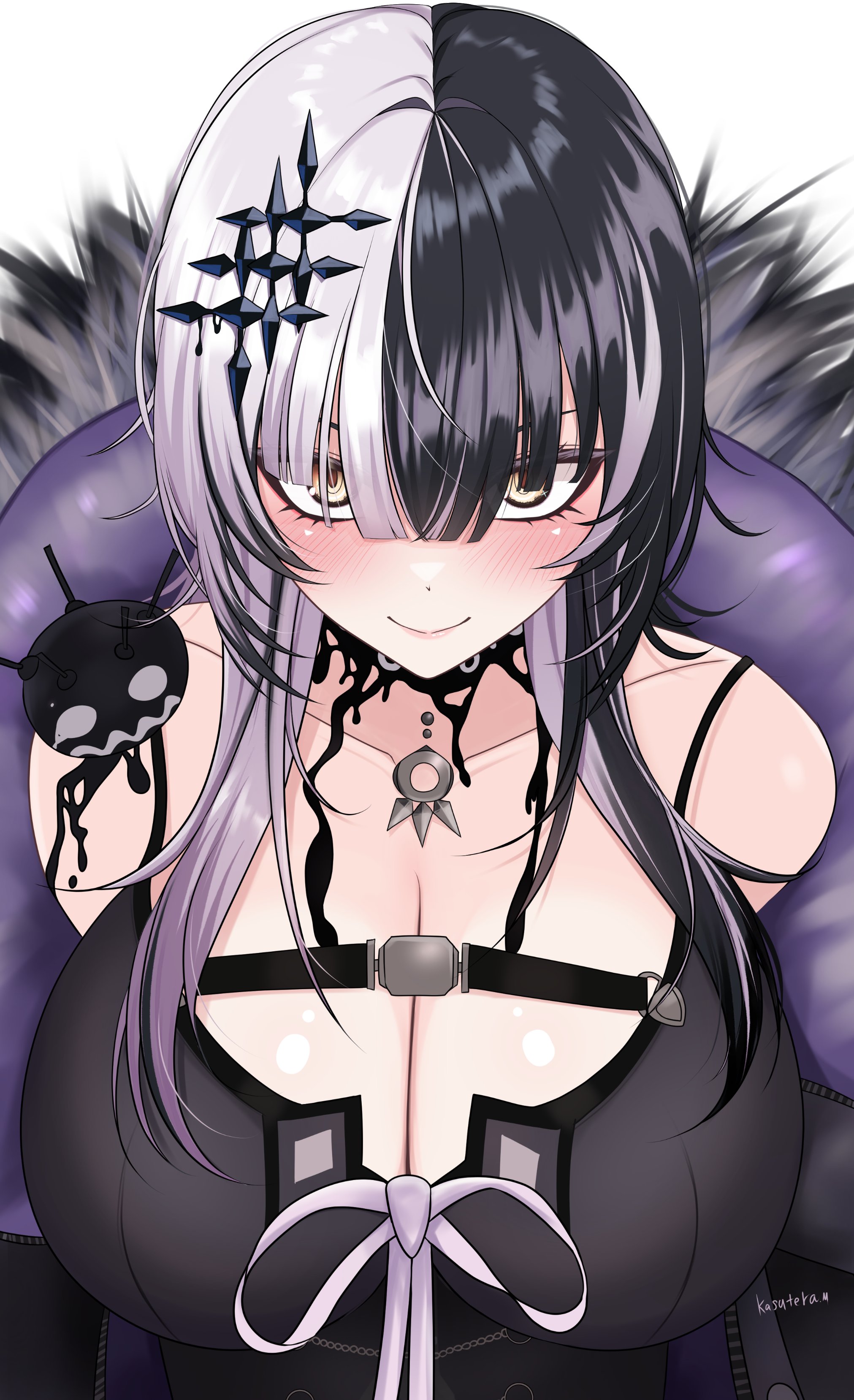 1girls, arms behind back, bare shoulders, big breasts, black hair, breasts, clothed, clothing, collar, female, female only, fully clothed, goth, happy, hi res, hololive, hololive english, hololive english -advent-, kasuterastellar, light skin, light-skinned female, looking at viewer, multicolored hair, purple hair, shiori novella, shiori novella (1st costume), simple background, smiley face, solo, two-tone hair, virtual youtuber, white background, white skin, yellow eyes