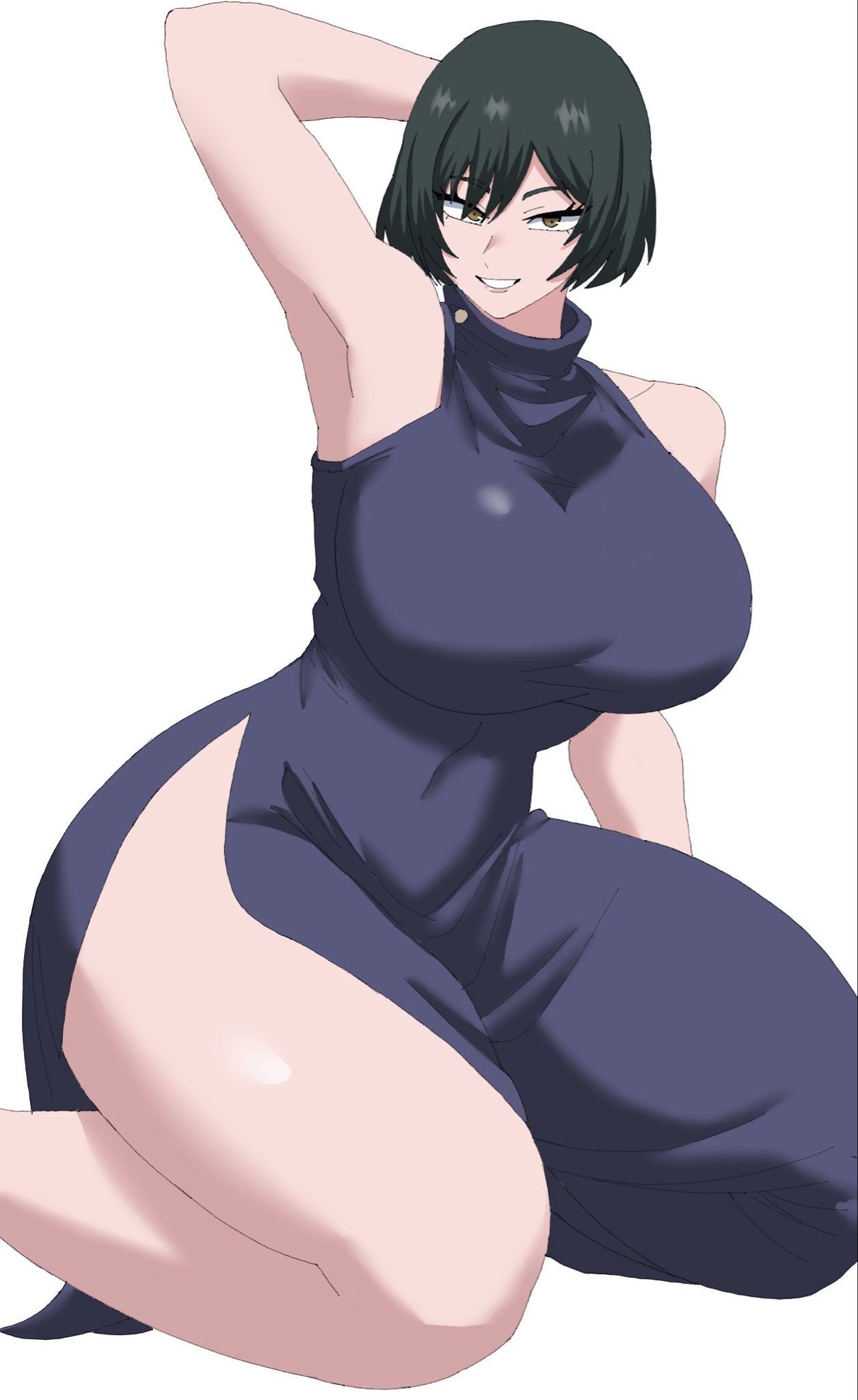 1girls, 2026, bare shoulders, big breasts, big thighs, breasts, clothed, clothing, color, colored, digital media (artwork), female, female only, fully clothed, green hair, hair, hi res, jujutsu kaisen, legs, light skin, light-skinned female, looking at viewer, mai zenin, mappa, nekomedero, one arm behind head, short hair, simple background, smile, smile at viewer, solo, thick thighs, thighs, white background, zenin mai