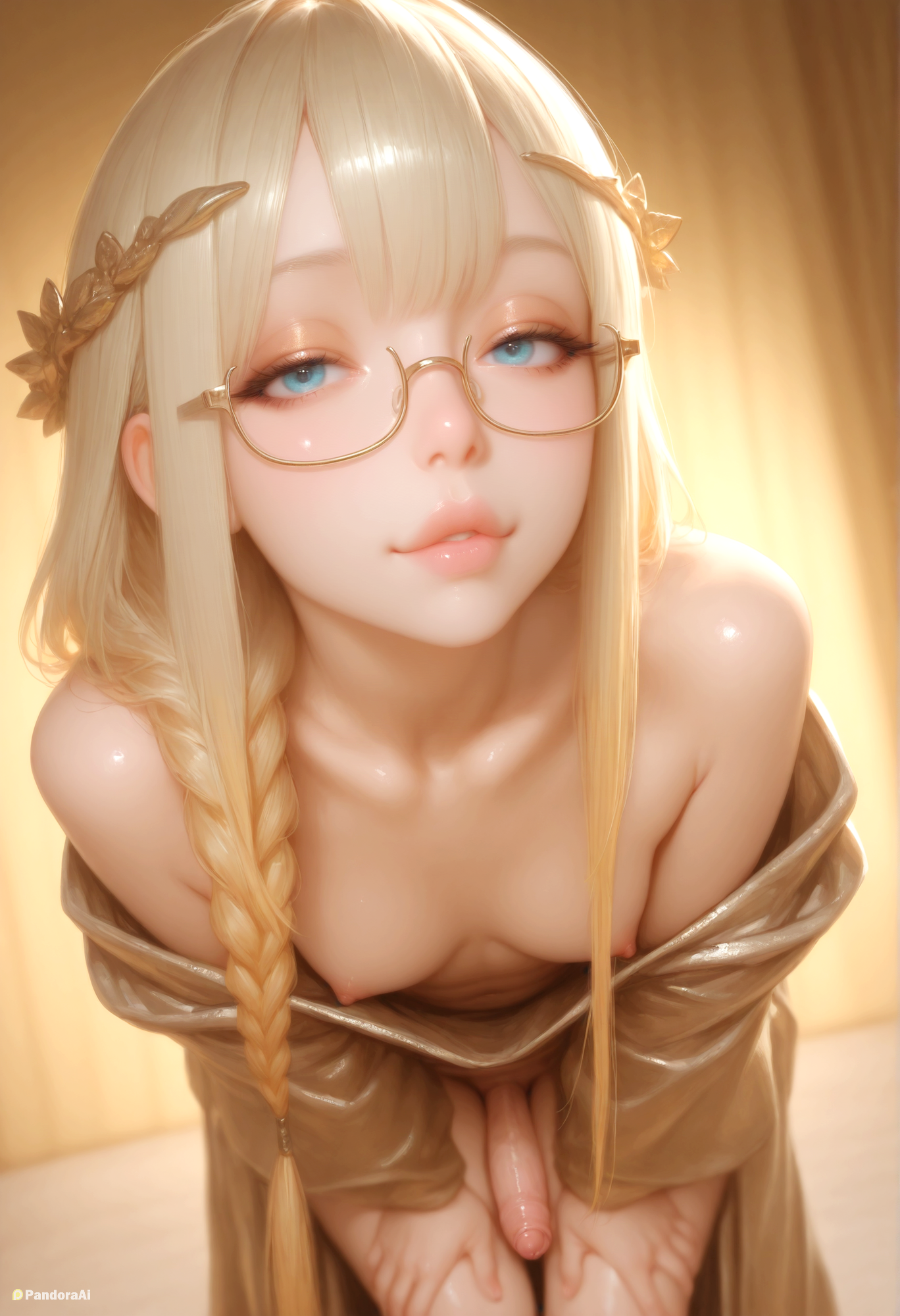 1femboy, 1futa, absurd res, ai generated, artist name, artist upload, blonde hair, blue eyes, bodily fluids, braid, braided hair, breasts, brown clothing, brown dress, circumcised, circumcised penis, clothing, dress, elf, elf ears, erect, erect penis, eyebrows, eyelashes, eyewear, fantasy, femboy, femboy only, feminine, feminine body, feminine faced male, feminine male, flower, flower crown, futa only, futanari, genitals, glasses, gold accessories, gold eyewear, gold flower crown, golden lighting, hair ornament, hi res, huge balls, indoor, jewelry, leaking, leaking penis, long hair, looking at viewer, male, more at source, newhalf, nipples, nipples visible, oiled skin, pale, pale body, pale skin, pandora, patreon, patreon username, penis, penis focus, pointy ears, pov, presenting, seductive, self upload, sexy body, sexy pose, shiny, shiny skin, smooth balls, smooth skin, solo, testicles, topless, transgender, uncensored, uncircumcised, uncircumcised penis, uncut, watermark