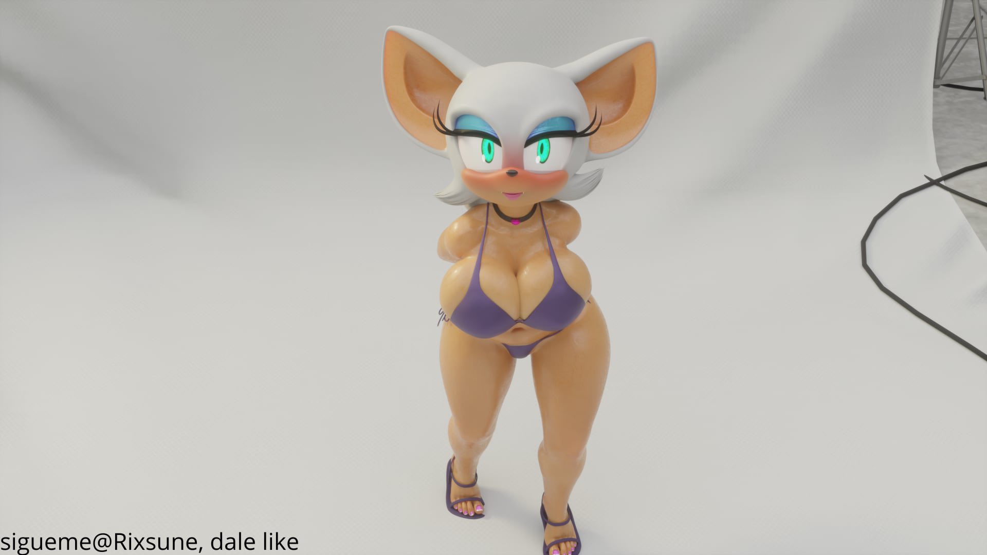 3d, 3d (artwork), anthro, artist request, bat, big breasts, bikini, blush, choker, cleavage, female, high heels, high-angle view, navel, nottanj, rouge the bat, rouge the bat (nottanj), seductive look, sega, shortstack, sonic (series), sonic the hedgehog (series)