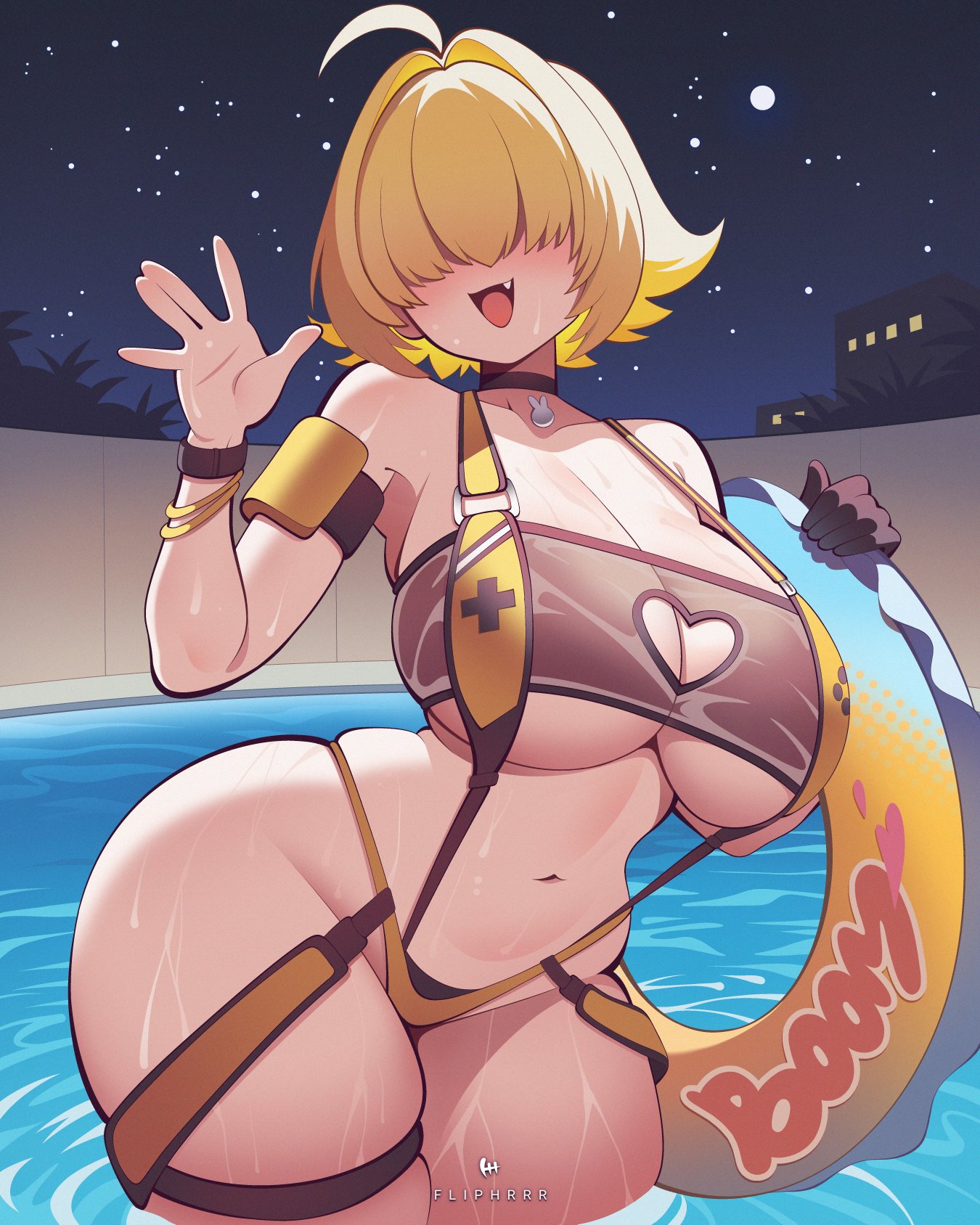 :d, ass visible through thighs, curvy, elegg (boom and shock) (nikke), elegg (nikke), fang, flipherrrr, fliphrrr, goddess of victory: nikke, hair over eyes, holding object, huge ass, huge breasts, innertube, narrow waist, night, night sky, partially submerged, signature, swimming pool, thick thighs, waving, wide hips