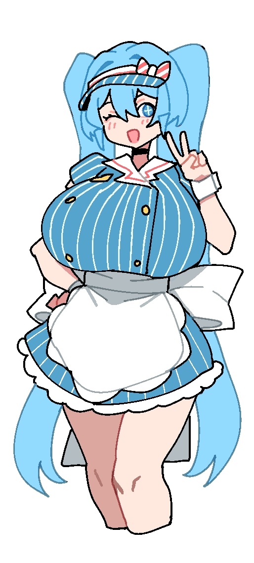1girl, 1girls, alternate breast size, apron, blue dress, blue eyes, blue hair, blush, breasts, cropped legs, curvy, dress, female, hand on hip, hatsune miku, huge breasts, jin rou, large breasts, long hair, looking at viewer, mesmerizer (vocaloid), mesmerizer miku, one eye closed, open mouth, peace sign, short sleeves, simple background, smile, solo, solo female, striped, striped dress, thighs, twintails, v, very long hair, visor, visor cap, vocaloid, waist apron, white apron, white background, wink, wrist cuffs