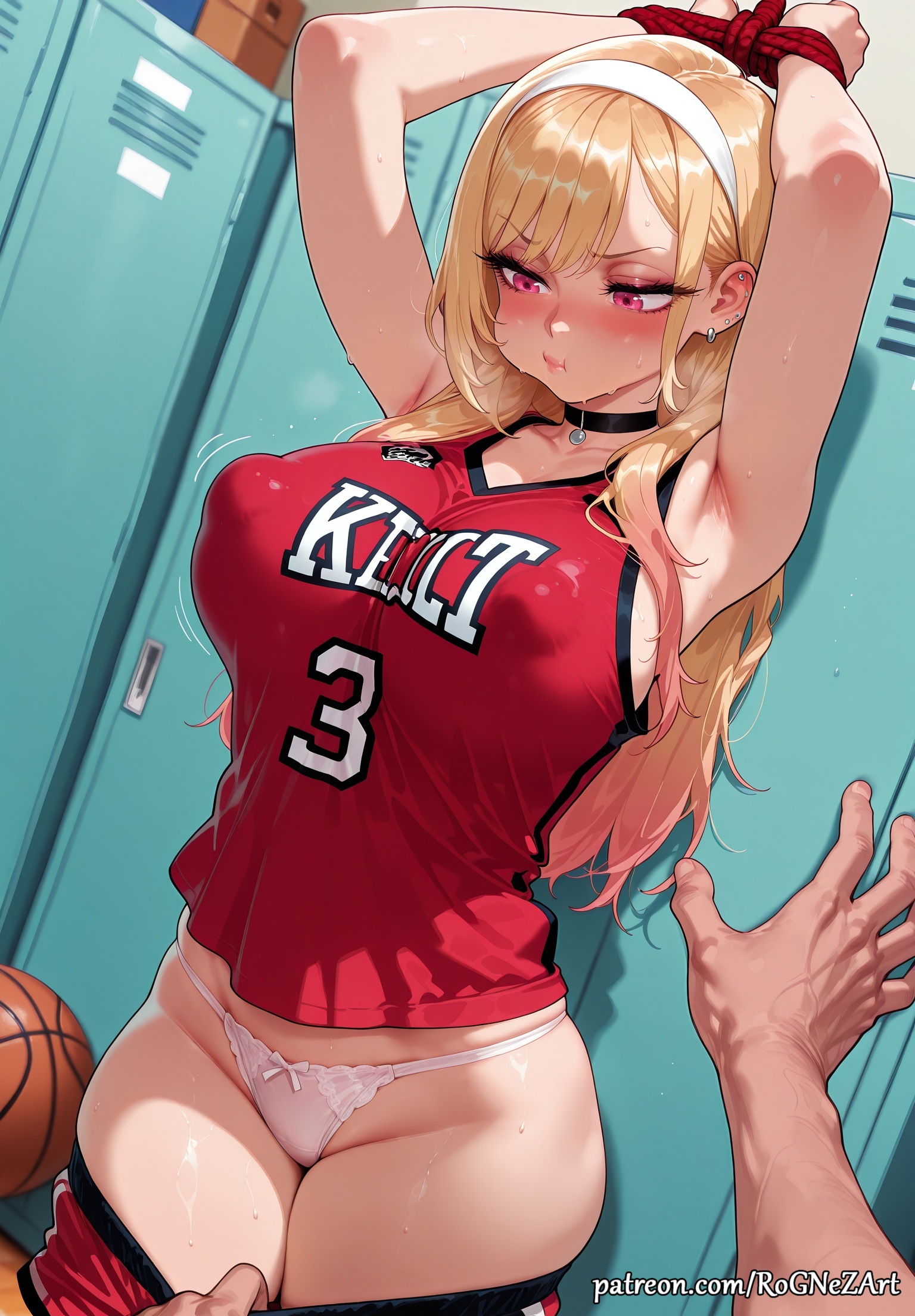 1boy, 2025, ai generated, anime, armpits, arms up, bangs, basketball, black choker, blonde hair, blush, bondage, bound, bound wrists, breasts, choker, cleavage, closed mouth, clothes pull, covered nipples, crossover, ear piercing, earrings, female, female focus, flushed, gradient hair, hair accessory, hairband, highres, huge breasts, indoors, inside, jersey, jewelry, kitagawa marin, large breasts, locker, locker room, long hair, male, marin, multicolored hair, neutral expression, nsfw, panties, patreon url, patreon username, piercing, pink eyes, puffy nipples, red eyes, rognezart, rope, shirt, shorts, shorts pull, sleeveless shirt, solo, solo focus, sono bisque doll wa koi wo suru, sportswear, straight, sweat, sweaty, underwear, very long hair, web address, white hairband, white panties