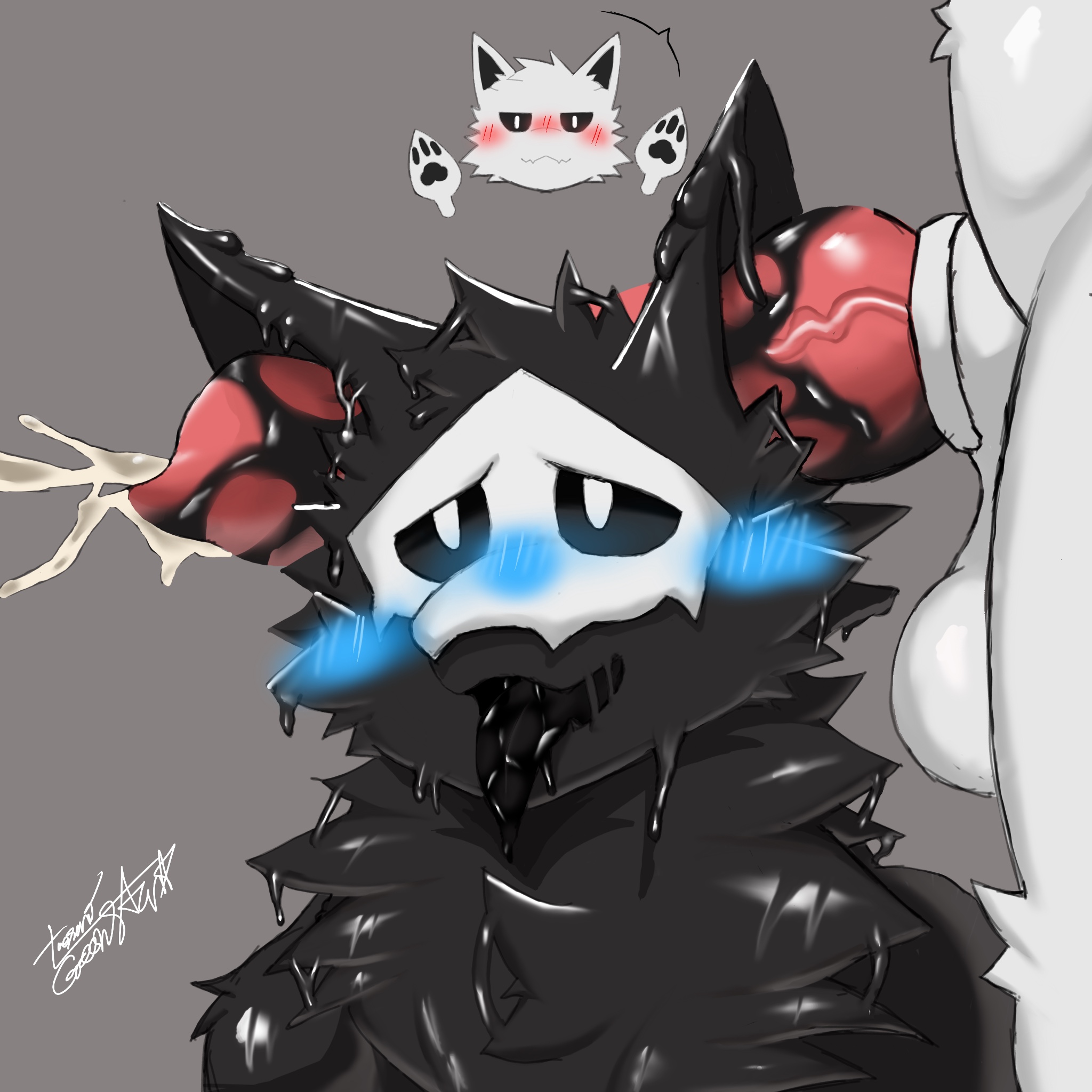 anthro, balls, black body, black fur, black tongue, blue blush, blush, blushing, canine penis, changed (video game), cum, ear, ear penetration, furry, goo creature, knot, male, male focus, male only, male/male, no humans, penetration, penis, puro (changed), skull mask, squid dog (changed), tongue, tongue out, vein, veiny penis, white body, white fur, wolf ears, wolfdog