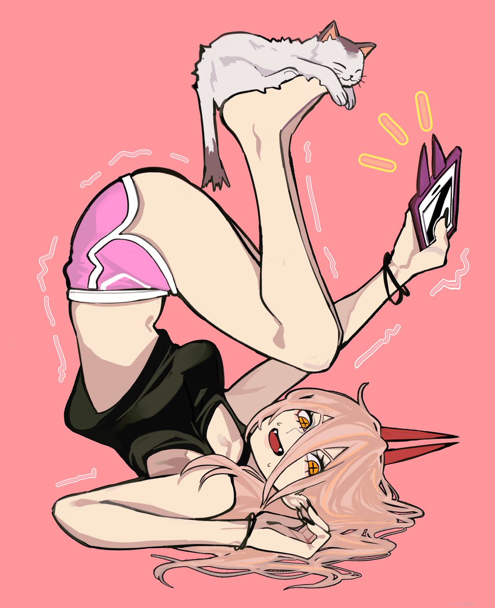 barefoot, black tank top, blonde hair, breasts, chainsaw man, cross-shaped pupils, demon girl, demon horns, dolphin shorts, feline, female, hair between eyes, highres, horns, long hair between eyes, medium breasts, meowy (chainsaw man), orange eyes, pink background, pink shorts, power (chainsaw man), red horns, sailen0, short shorts, shorts, solo, sweat, symbol-shaped pupils, tank top
