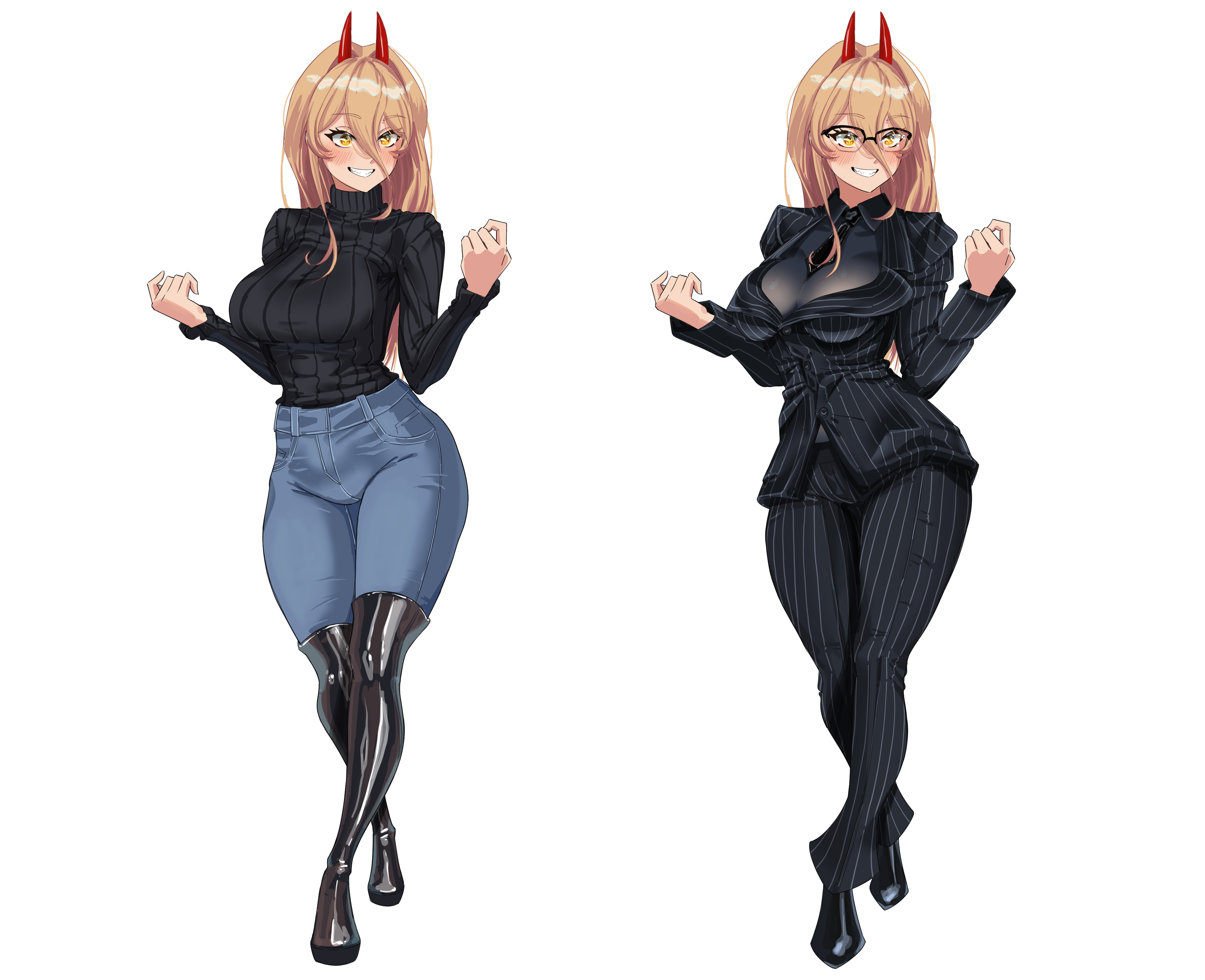 absurdres, black jacket, black pants, black suit, black sweater, blonde hair, blue pants, boji norn, boots, breasts, chainsaw man, demon girl, demon horns, denim, female, formal clothes, glasses, grin, hair between eyes, highres, horns, jacket, jeans, large breasts, long hair, long hair between eyes, multiple views, pant suit, pants, pinstripe jacket, pinstripe pants, pinstripe pattern, power (chainsaw man), red horns, simple background, smile, striped clothes, striped jacket, suit, suit jacket, sweater, sweater tucked in, teeth, thigh boots, turtleneck, turtleneck sweater, white background, yellow eyes