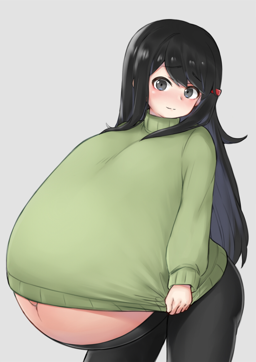 black eyes, black hair, female, female only, fully clothed, huge belly, hyper, hyper belly, hyper pregnancy, leggings, long hair, looking at viewer, maternity clothes, original, original character, pregnant, ready to pop, sketch, smile, solo, sweater, turtleneck, turtleneck sweater, usagisentai