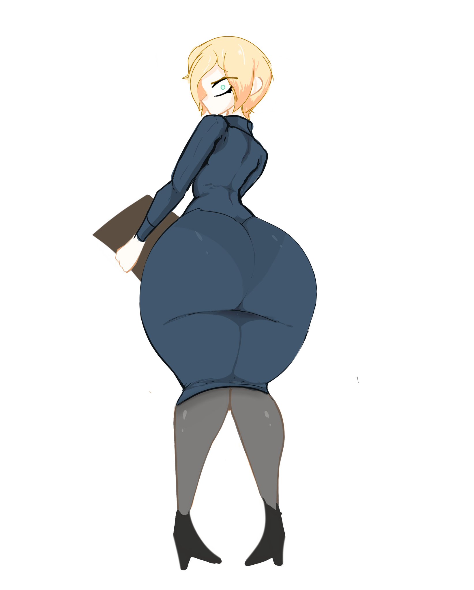 adomo, ass, ass in dress, atomboi (artist), big ass, blonde hair, bottom heavy, breasts, bubble ass, bubble butt, curvy, cute, female, huge ass, large ass, milf, narrow shoulders, office lady, panties, panties visible through clothing, pantylines, see-through, short hair, skirt, small breasts, thick, thick thighs, thighhighs, thin, thin arms, thin waist, voluptuous, white background