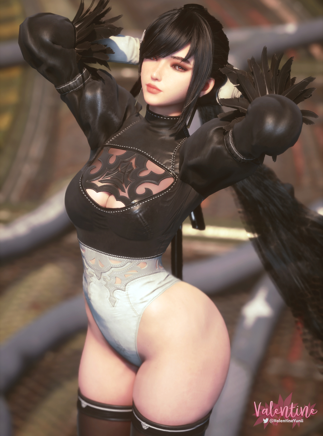 1girls, 3d, black hair, black leotard, breasts, cleavage, cosplay, crossover cosplay, eve (stellar blade), female, female only, leotard, long hair, looking at viewer, multicolored leotard, nier, nier (series), nier: automata, selfie, solo, stellar blade, twitter username, valentineyunii, watermark, white leotard, yorha 2b (cosplay)
