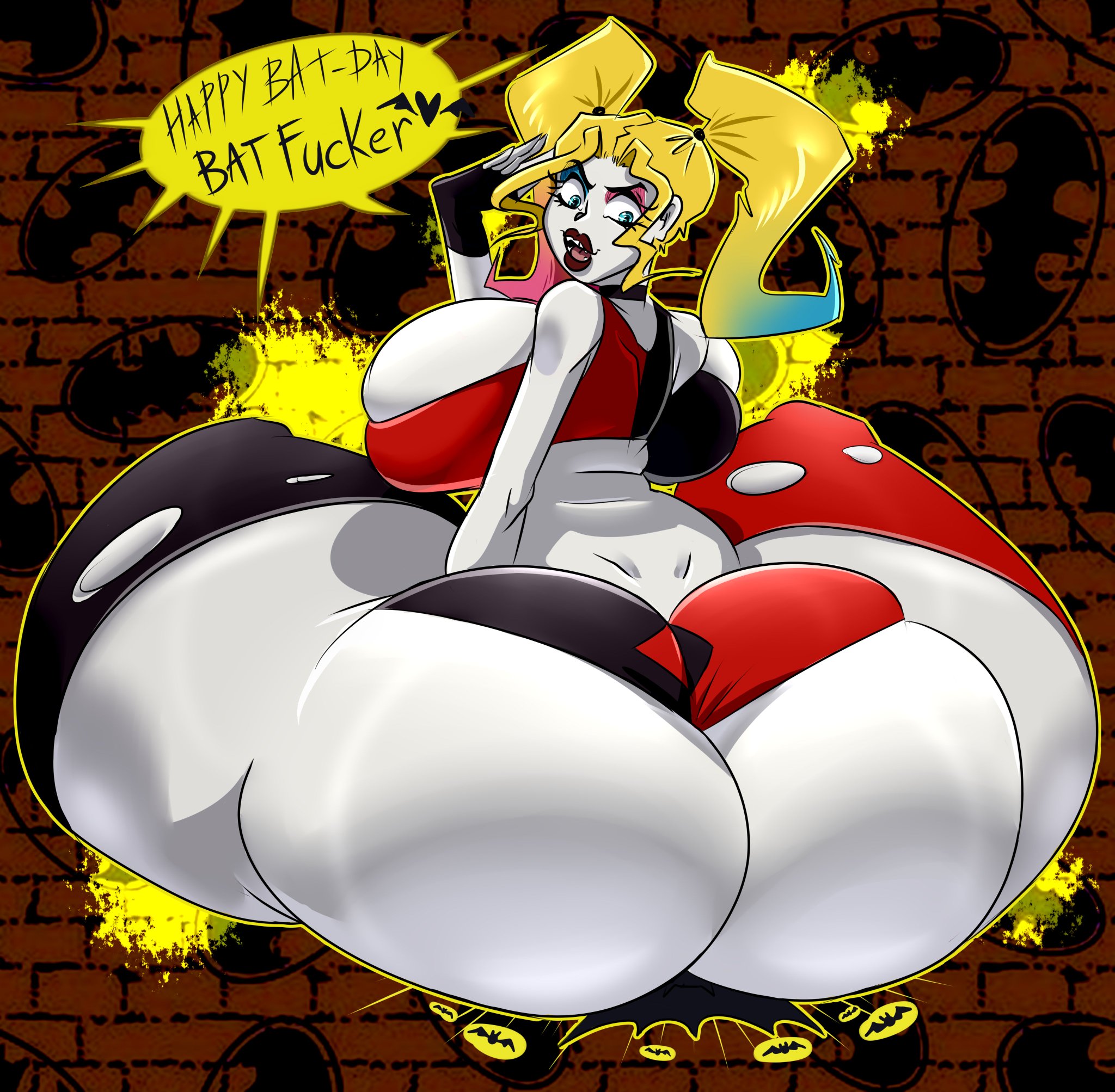 absurd res, ass, balls, batman (series), big ass, big breasts, big butt, breasts, choker, clothing, curvaceous, curvy, curvy figure, dc, dc comics, english text, facesitting, female, footwear, gigantic ass, gigantic breasts, gigantic butt, handwear, harley quinn, harley quinn (series), hi res, huge ass, huge breasts, huge butt, huge thighs, hyper, hyper ass, hyper balls, hyper butt, large ass, large butt, larger female, light skin, light-skinned female, lipstick, looking back, male, pale skin, pale-skinned female, side boob, sideboob, sitting, sitting on person, size difference, thick, thick thighs, thighs, ujanskiy, wide hips