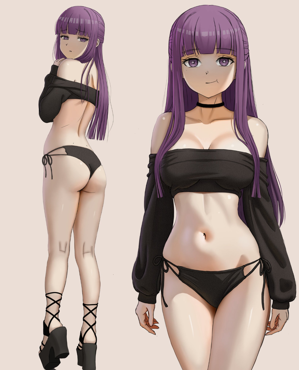 ass, ass focus, belly, booty, cute, cute butt, cute face, female, female focus, female only, female torso, fern (sousou no frieren), josivalart, looking at viewer, looking down at butt, medium breasts, midriff, panties, petite, petite body, petite female, purple eyes, purple hair, sexy, sexy body, slender, slender body, slender legs, slim waist, solo, solo female, solo focus, sousou no frieren, topwear, tummy