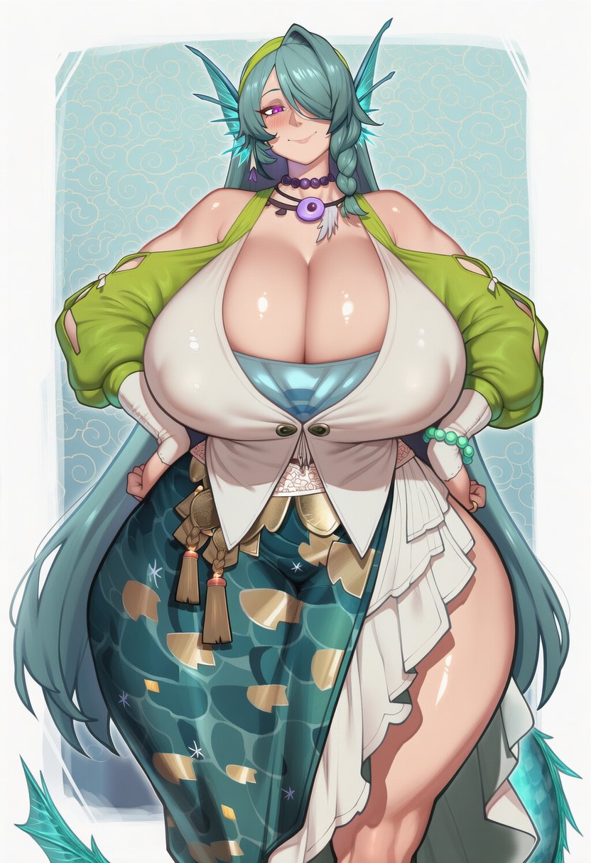 1girls, ai generated, angels of delusion, bare shoulders, breasts, breasts bigger than head, cecilia (zenless zone zero), cleavage, cyan hair, female, female only, fin ears, fish girl, hair braid, hands on hips, huge breasts, kemonomimi, large breasts, long hair, long tail, milf, mochipawg, necklace, pale skin, pale-skinned female, purple eyes, tail, thick thighs, voluptuous, voluptuous female, wide hips, zenless zone zero